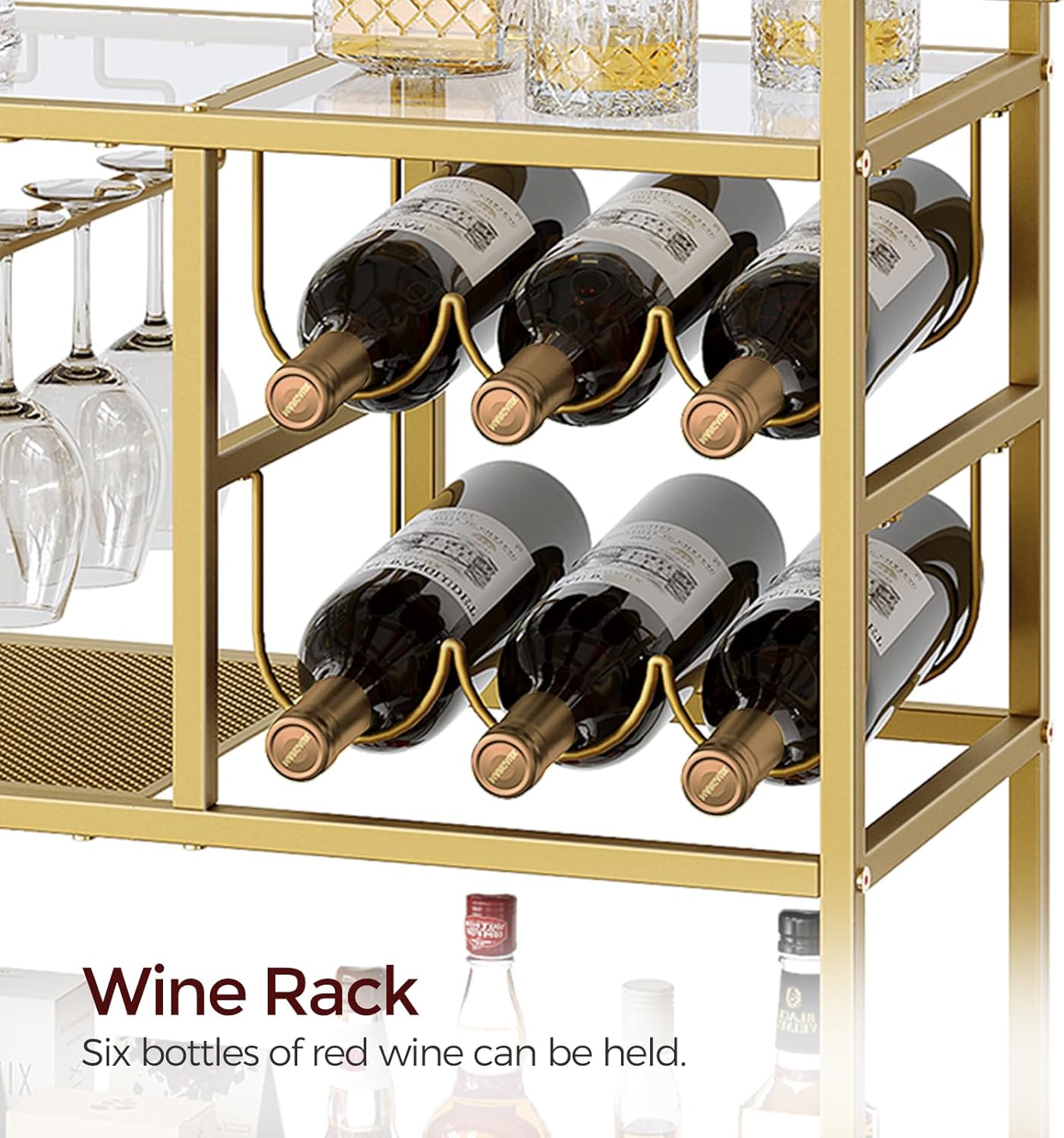 Bar Cart for Home, 3-Tier Serving Cart with Wheels and Handle, Beverage Cart with Wine Rack and Glass Holders, Rolling Wine Cart for Kitchen, Dining Room, Gold RCJ61B01 - Image 5
