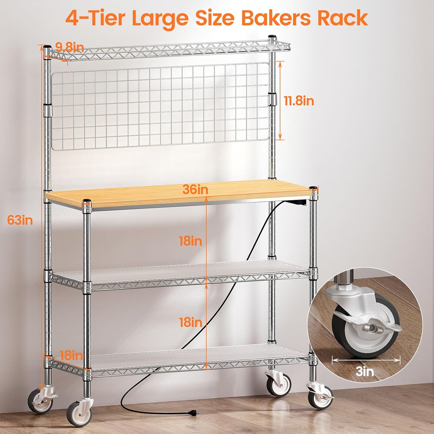 Leteuke Bakers Rack with Power Outlet & Storage, 36 Inch Microwave Stand Kitchen Cart, 4-Tier Metal Kitchen Shelves Cart with Wheels & 20 S-Hooks for Kitchen, NSF Certified, 63 x 18 x 36 Inch-Chrome - Image 3