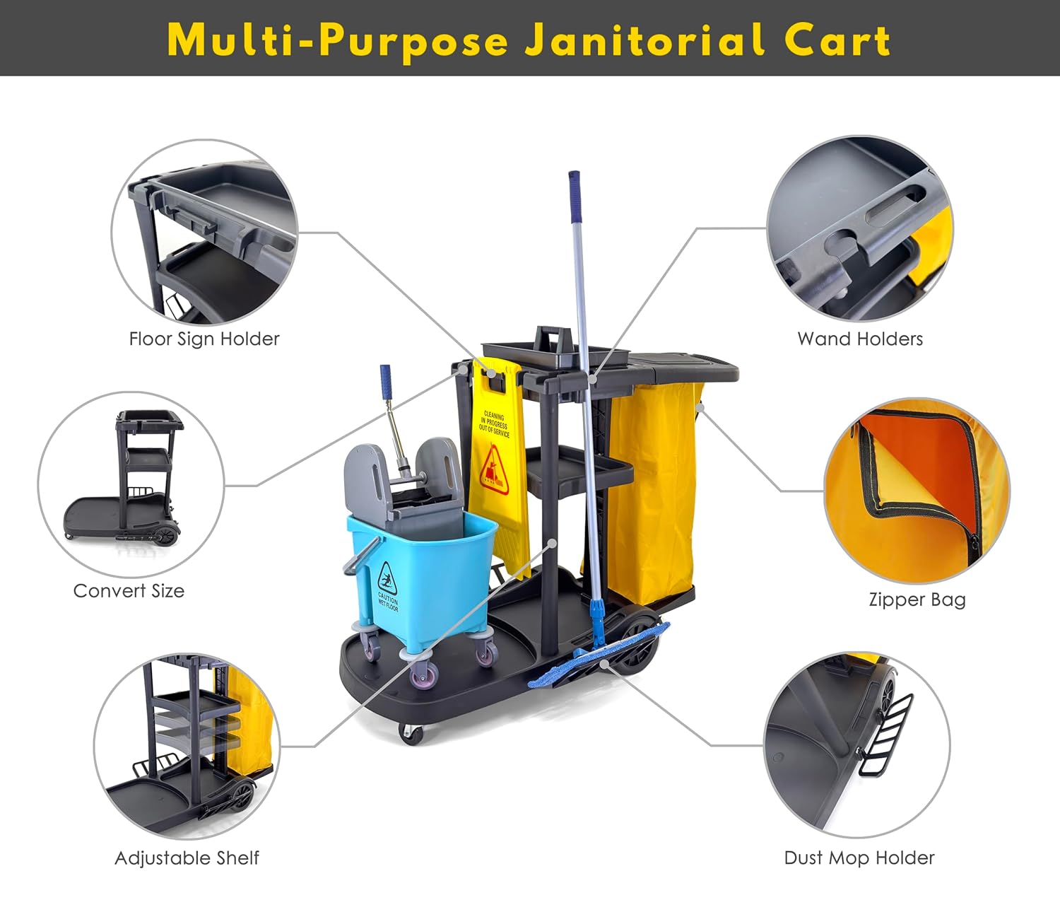 Commercial Housekeeping cart Janitorial cart with Cover and Vinyl Bag, L 52" x W 22" x H 40" - Image 2
