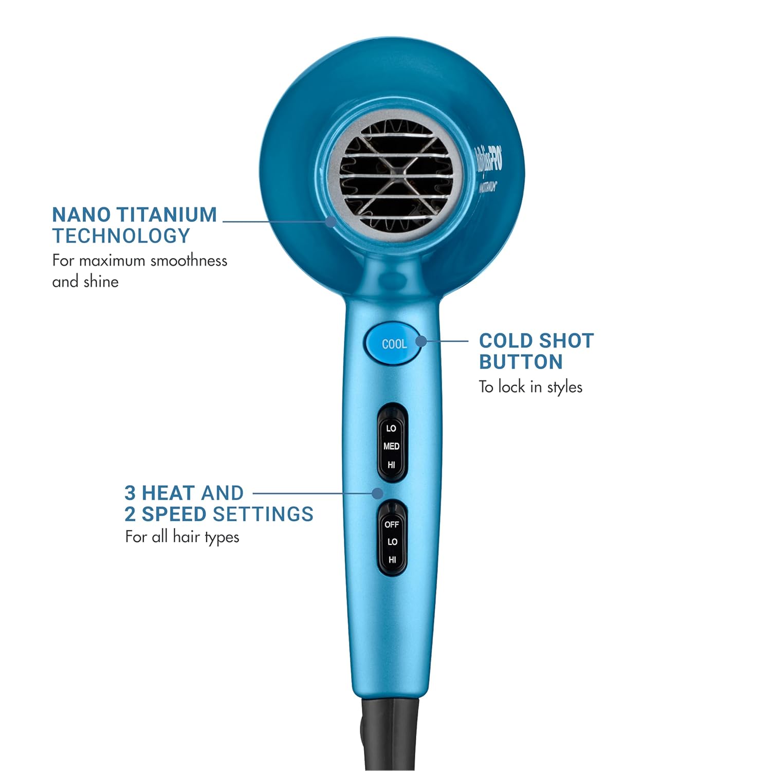 Nano Titanium 2000-Watt Blow Dryer with Concentrator Nozzle, Professional Grade Ionic Corded Styling Tool for Hair - Image 3