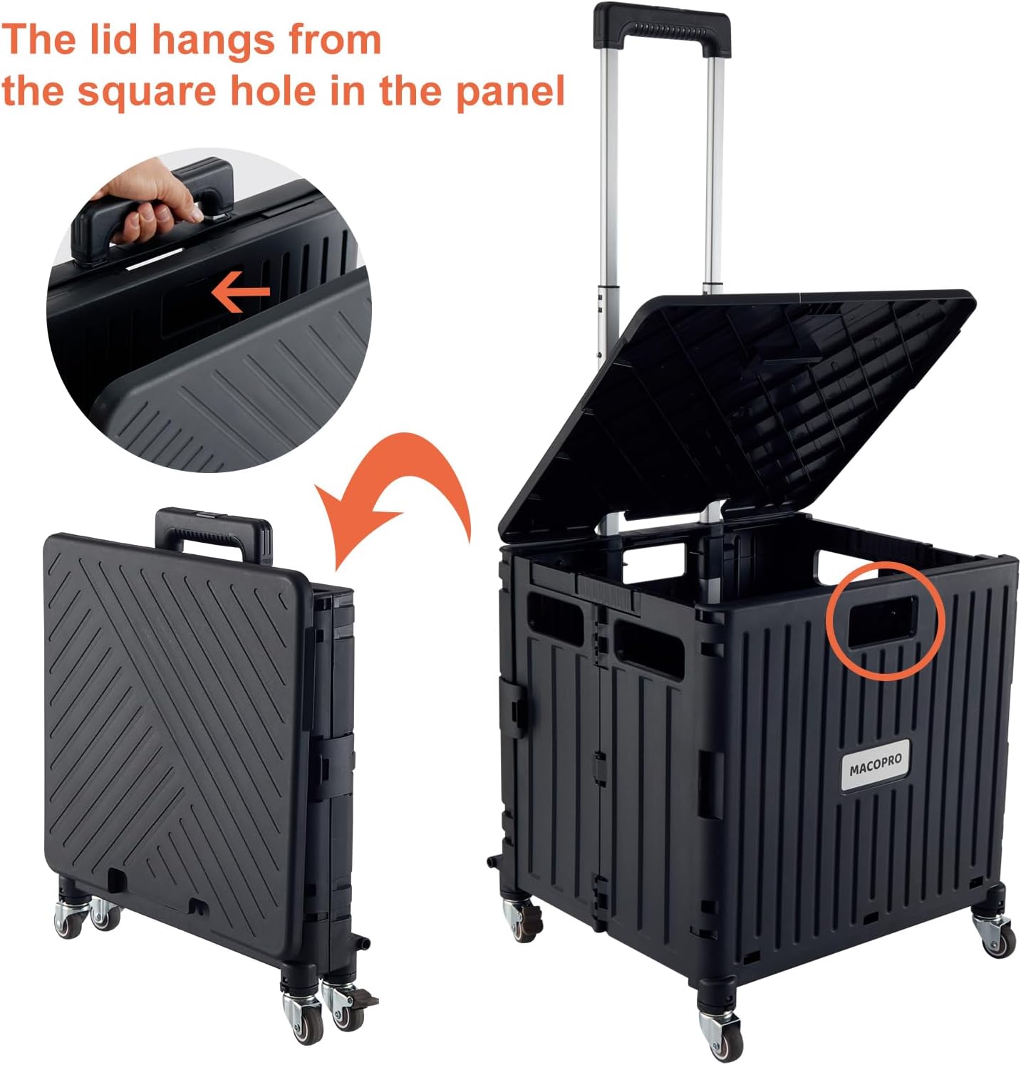 Folding Utility Cart Portable Rolling Crate Handcart Shopping Trolley Collapsible Tool Box, with Lid, Basket on 4 Rotate Wheels, for Grocery, Office, Luggage, Teacher (Black) - Image 8