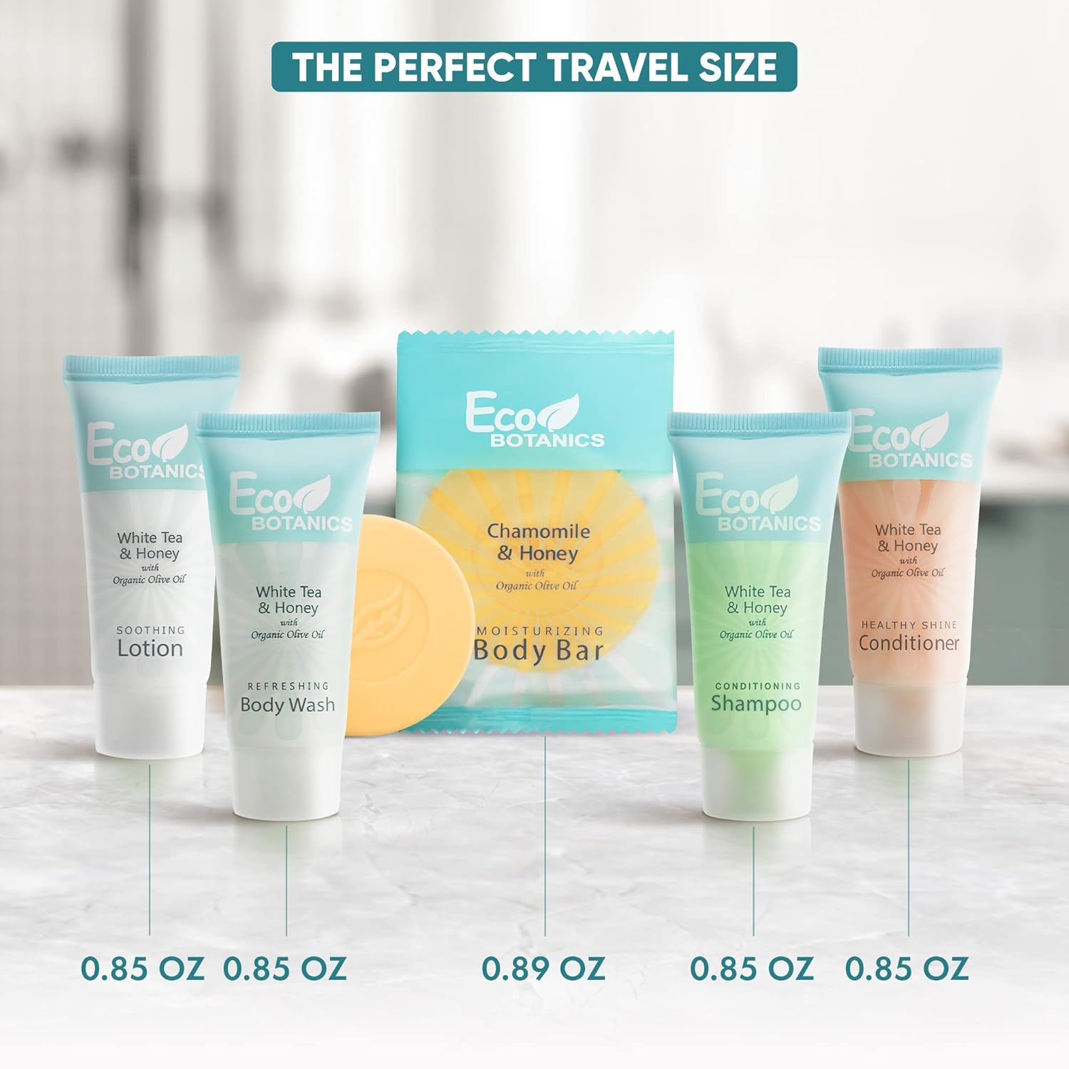 Travel Size Hotel Toiletry Set 300 Count 0.85 oz Bottles Guest Amenities for Vacation Rentals and Short Term Rentals Paraben Free White Tea Scent Infused with Aloe and Olive Oil by Eco Botanics - Image 5