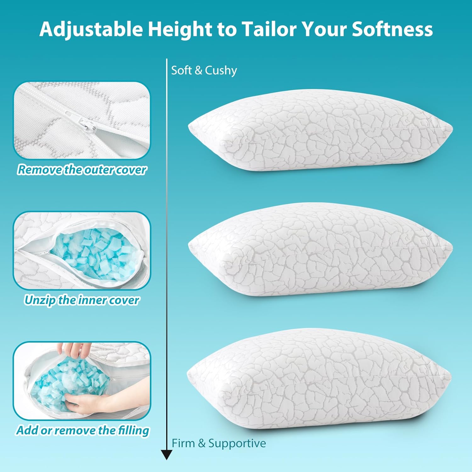 Cooling Pillows for Sleeping 2 Pack, Adjustable Shredded Memory Foam Pillows Queen Size Set of 2, Firm Bed Pillows for Side Back Stomach Hot Sleepers, Cold Pillow with Removable Washable Cover - Image 5