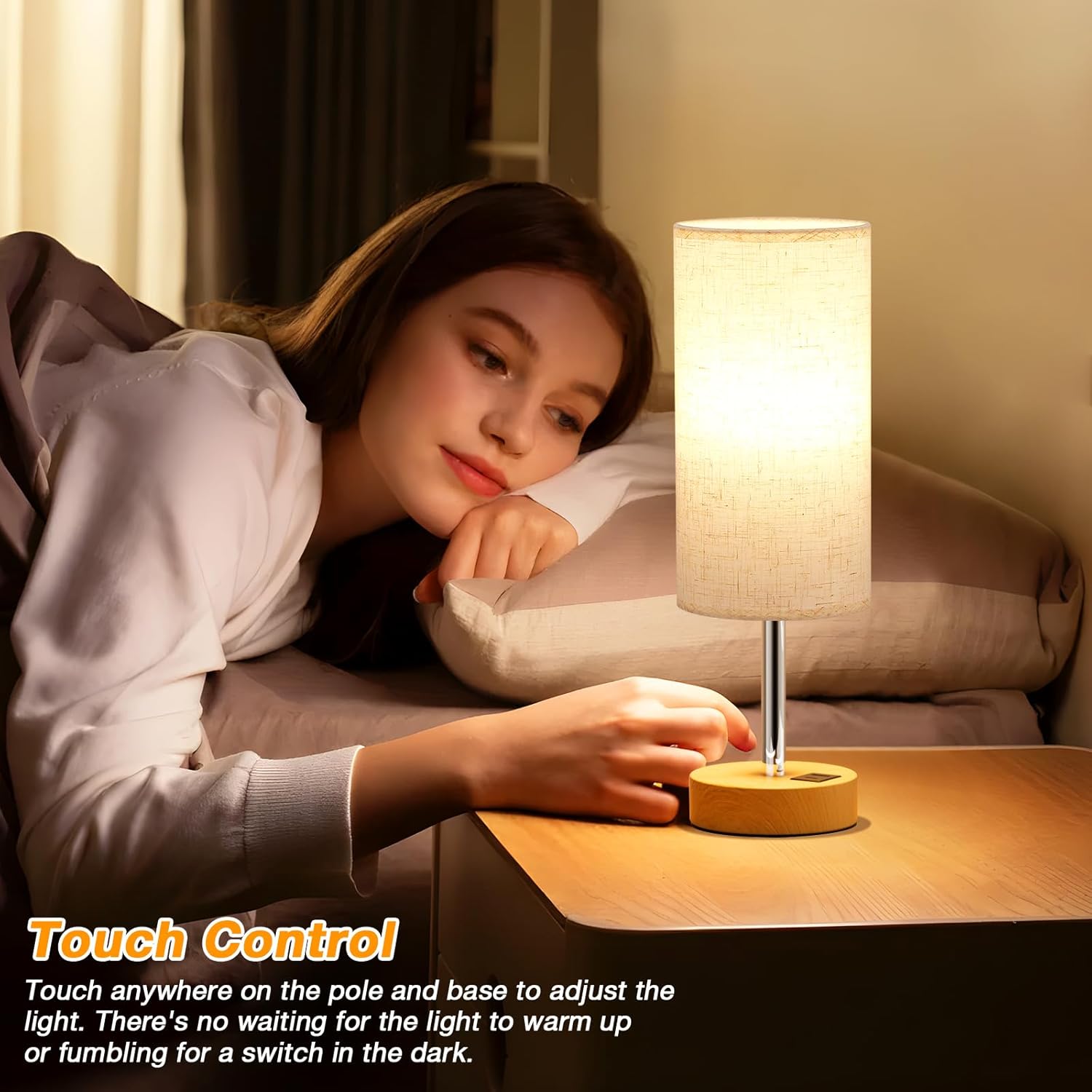 Dicoool Touch Bedside Table Lamp with USB - 3 Way Dimmable Wood Lamp for Bedroom Nightstand, Desk Lamp with Charging Station for Dorm, Living Room, Office, Kids Room, Small, 14in - Image 2