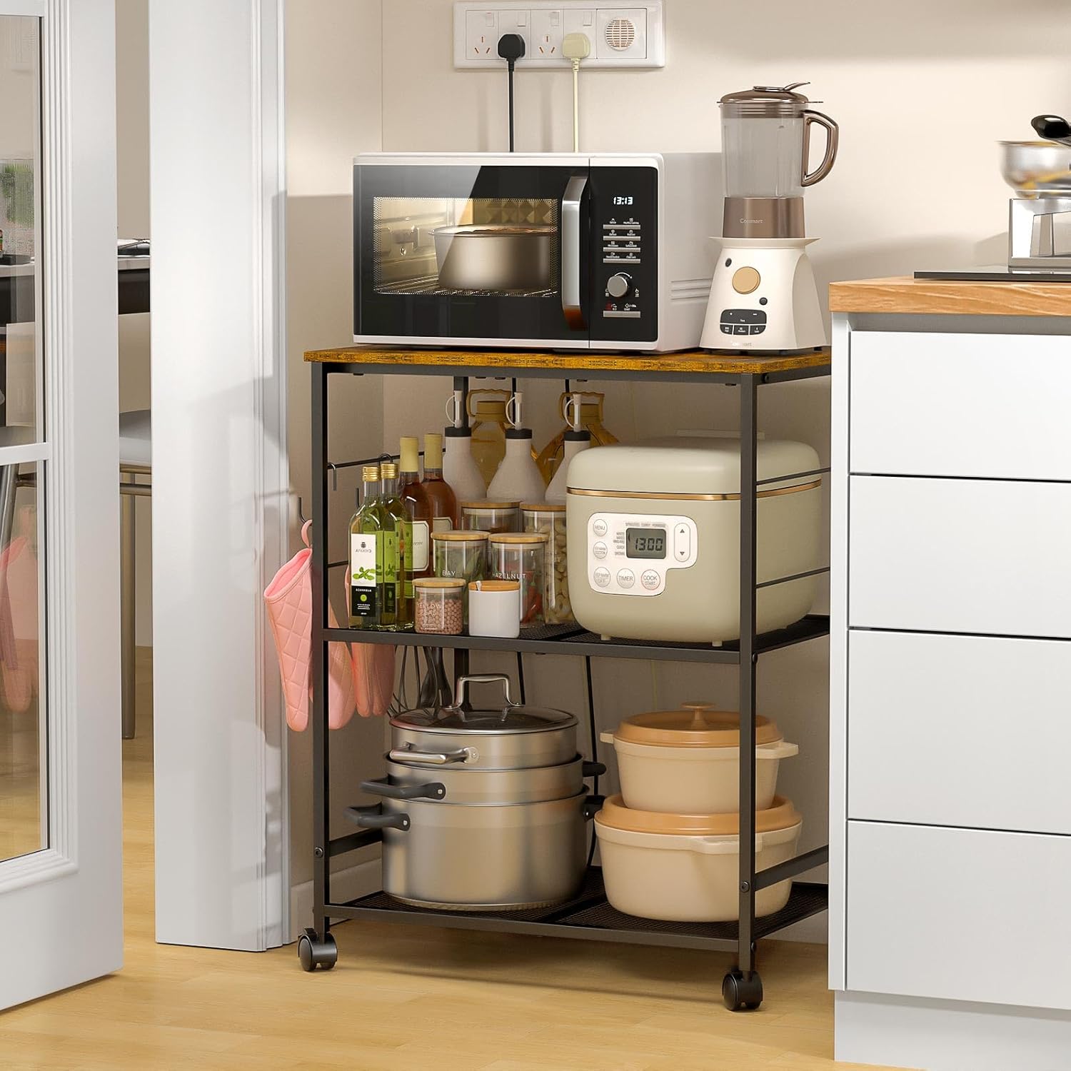 Rolling Kitchen Microwave Cart, 3 Tier Microwave Table Stand with Storage, Kitchen Utility Cart on Lockable Wheels, Small Coffee Cart Shelf Rack Organizer for Living Room Office, Balcony - Image 2