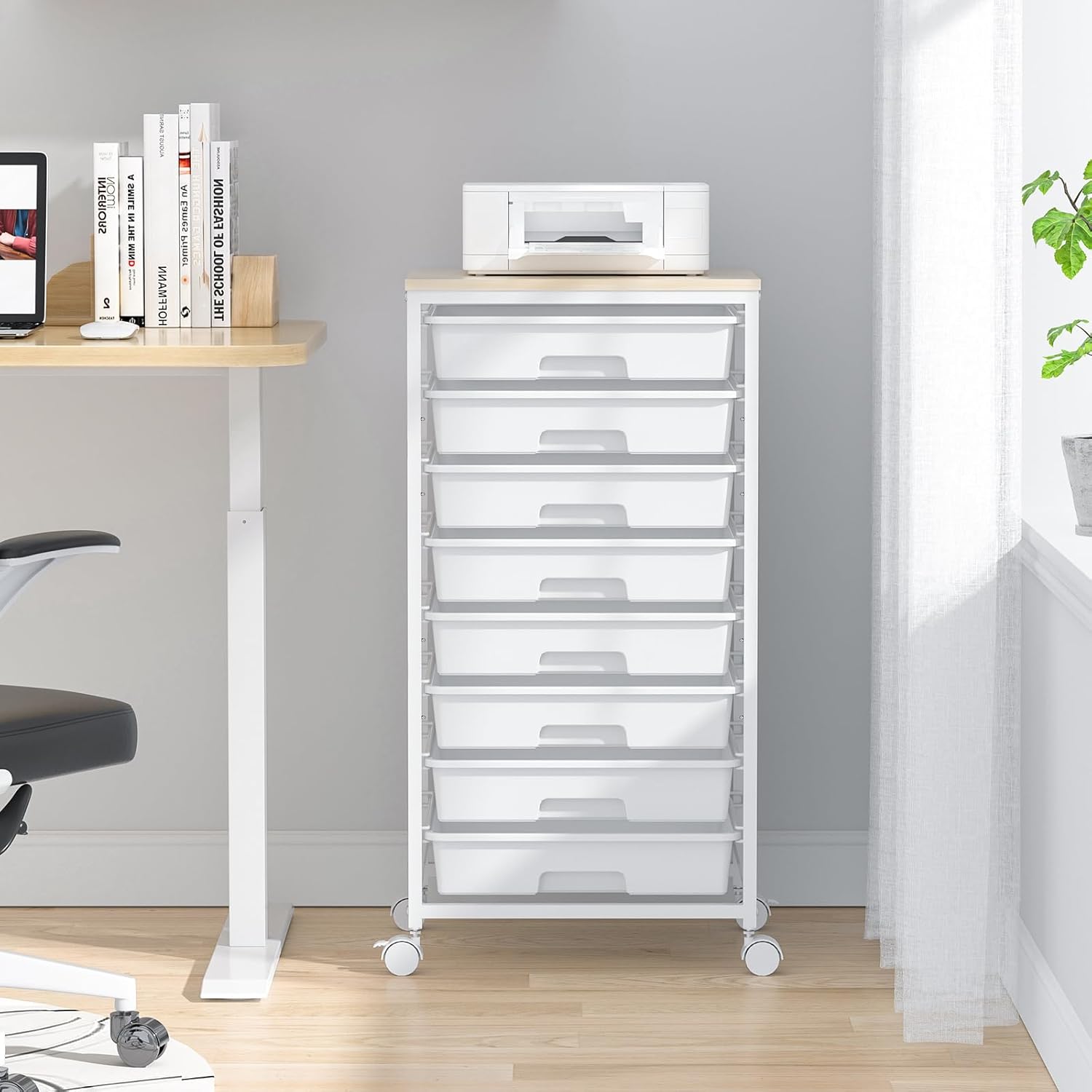Rolling Storage Cart with Drawers,Utility Cart With 8 Drawers and Wooden Tabletop,Rolling Drawer Cart,Storage Drawer Cart for Living Room,Classroom,Bedroom,Bathroom,Dorm,Office,White - Image 6