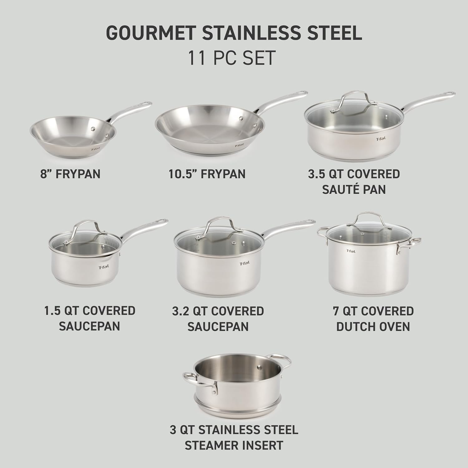 T-fal Stainless Steel Cookware Set, 11 Piece, Induction Cookware, Oven Safe to 500°F, Kitchen Cooking Set w/Fry Pans, Pots and Pans, Dutch Oven, Saucepans, Kitchen Essentials, Silver - Image 2