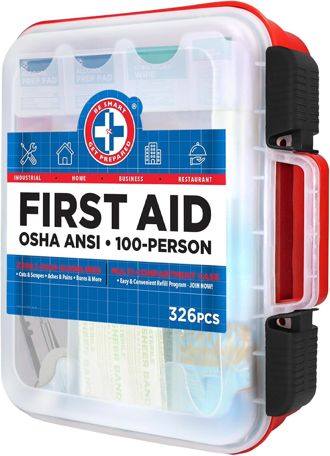 Be Smart Get Prepared First Aid Kit Hard Red Case 326 Pieces Exceeds OSHA and ANSI Guidelines 100 People - Office, Home, Car, School, Emergency, Survival, Camping, Hunting and Sports (20HBC01015REV3) - Image 8