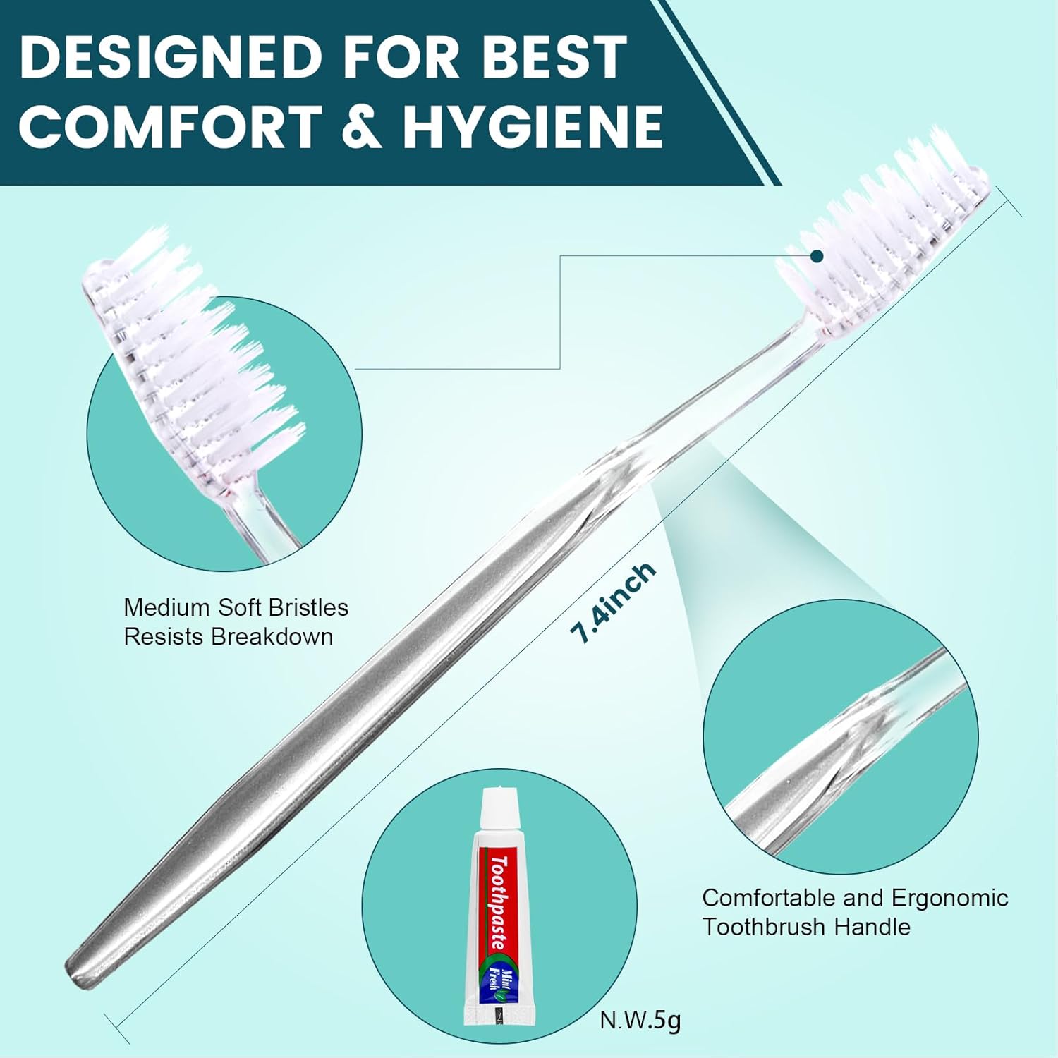 Navona 100 PCS Travel Toothbrush and Toothpaste Set, Travel Toothpaste, Bulk Toothpastes, Individually Wrapped Bulk Toothbrush, Ergonomics Handle,Medium Soft Bristle, Perfect for Hotel - Image 3