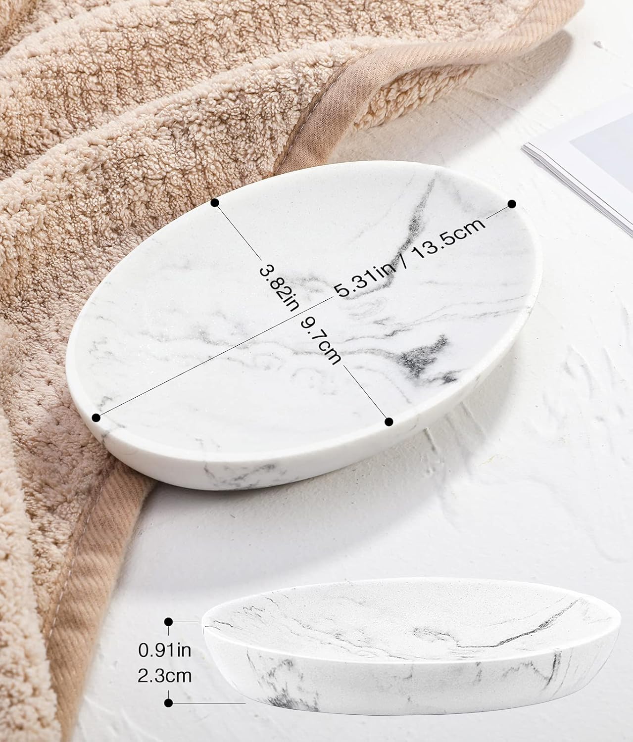 Luxspire Soap Dish, Resin Soap Tray Soap Holder Container Box, Marble Pattern Oval Soap Plate Case, Sponge Dish Scrubbers Tray Holder for Bathroom Vanity Shower Kitchen Sink Counter Top, Gravel White - Image 6