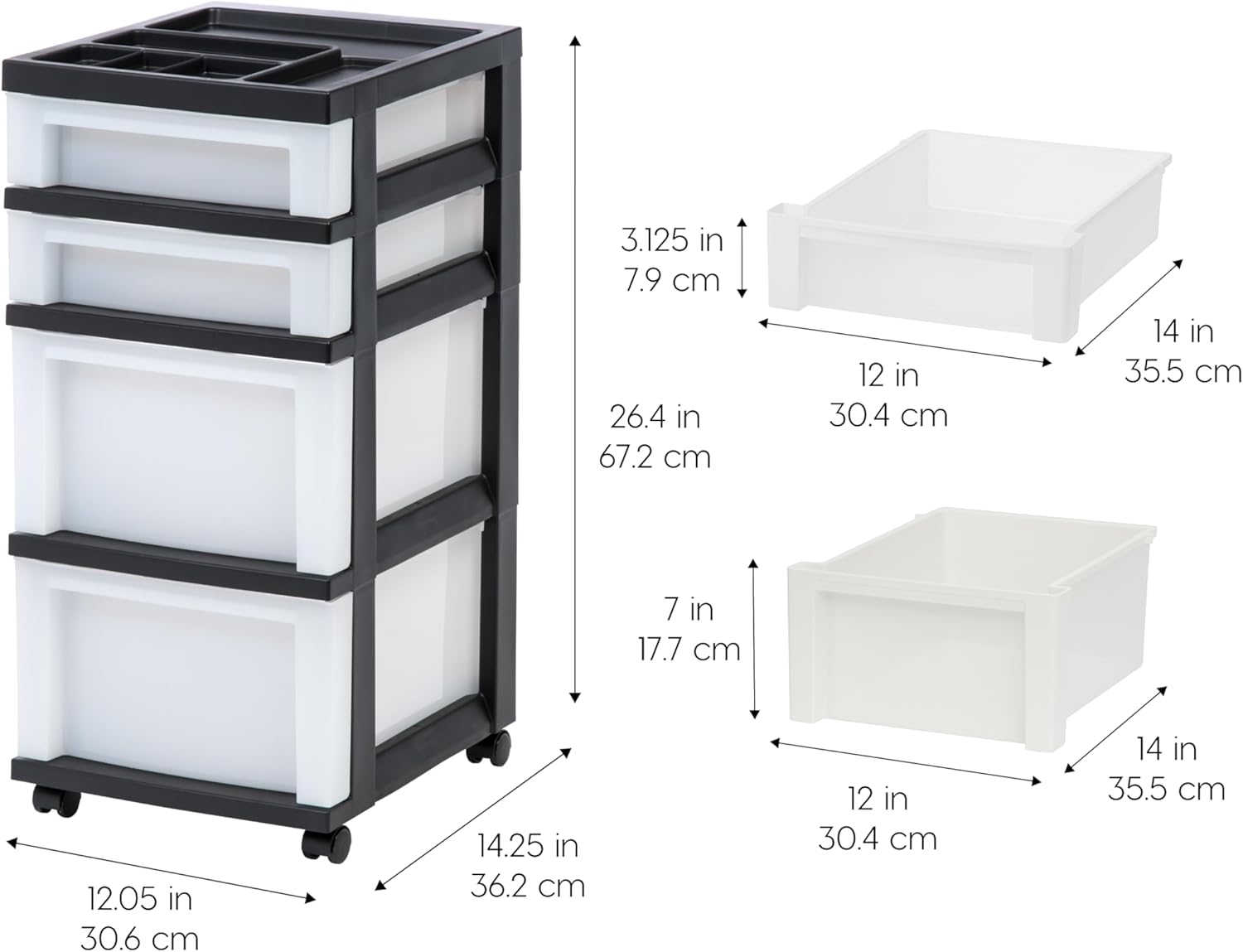 IRIS USA Plastic Drawer Storage Organizer Rolling Cart, with Wheels Casters, 4-Drawers, for Classroom Art Craft Supplies Dresser Closet Bathroom Laundry Room, Black/Pearl - Image 2