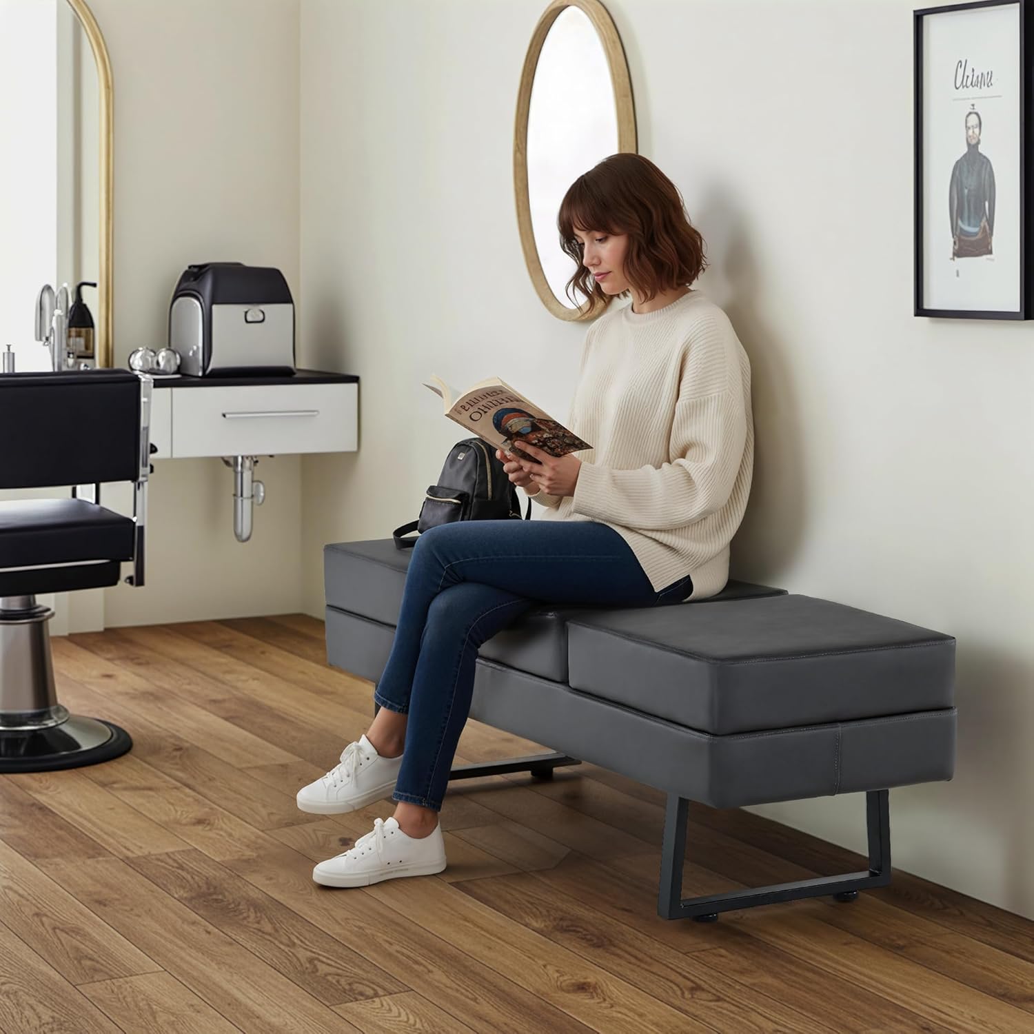 BarberPub Waiting Room Chairs, Heavy Duty Office Guest Reception Bench, Faux Leather Upholstered Lobby Chairs for Salon, Conference Room 7008 (Dark Grey) - Image 2