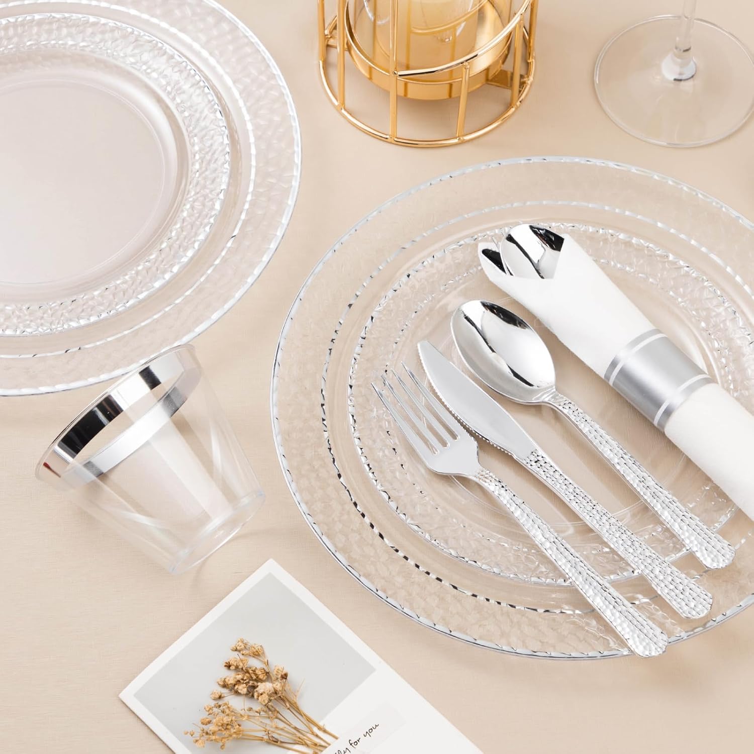 350PCS Clear Plastic Plates with Silver Trim for 50 Guests, Disposable Dinnerware Set for Party & Wedding, Includes 100 Plastic Plates, 50 Pre Rolled Napkins with Silver Silverware, 50 Cups - Image 3