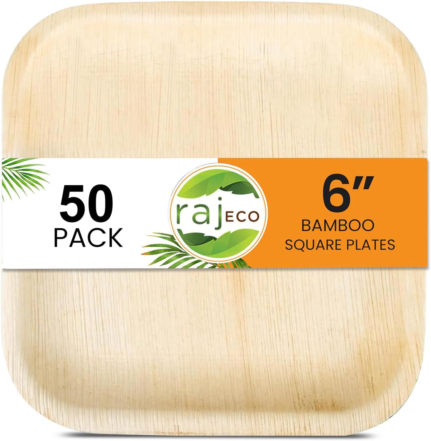 Raj Eco Compostable Palm Leaf Plates Like Bamboo Plates Disposable - 6 Inch Square 50 Party Plate, Natural Wooden, Eco-Friendly, Fancy Biodegradable & Disposable Dessert Appetizer Plate