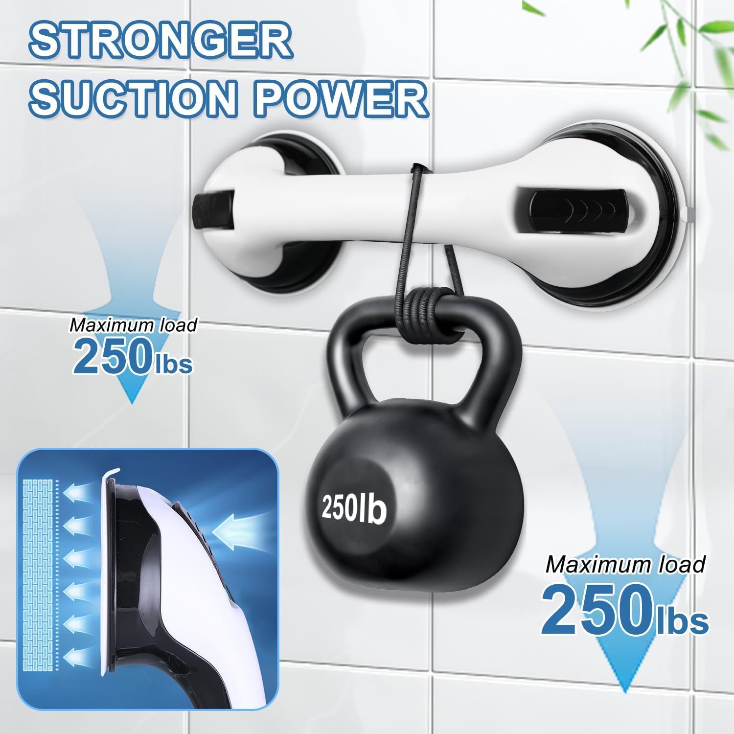 Grab Bars for Bathtubs and Showers, 2 Pack Shower Handle 12 Inch Strong Suction Shower Bar, Safety Bars for Shower Chair, Bathroom Grab Bar for Senior Black White - Image 2