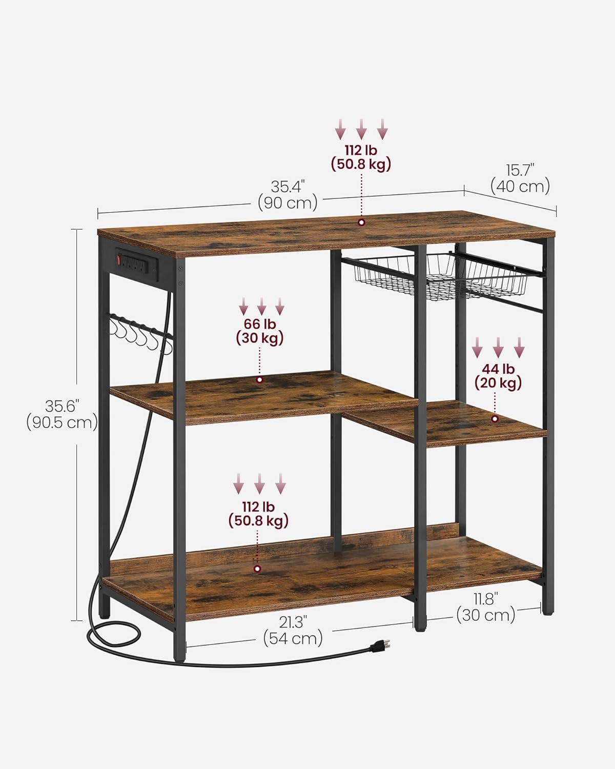 VASAGLE Baker's Rack, Coffee Bar Stand with Charging Station, 35.6 Inches Tall, Storage Shelves, Pull-Out Wire Basket, Table for Microwave, Kitchen, Rustic Brown and Ink Black UKKS036K01 - Image 3