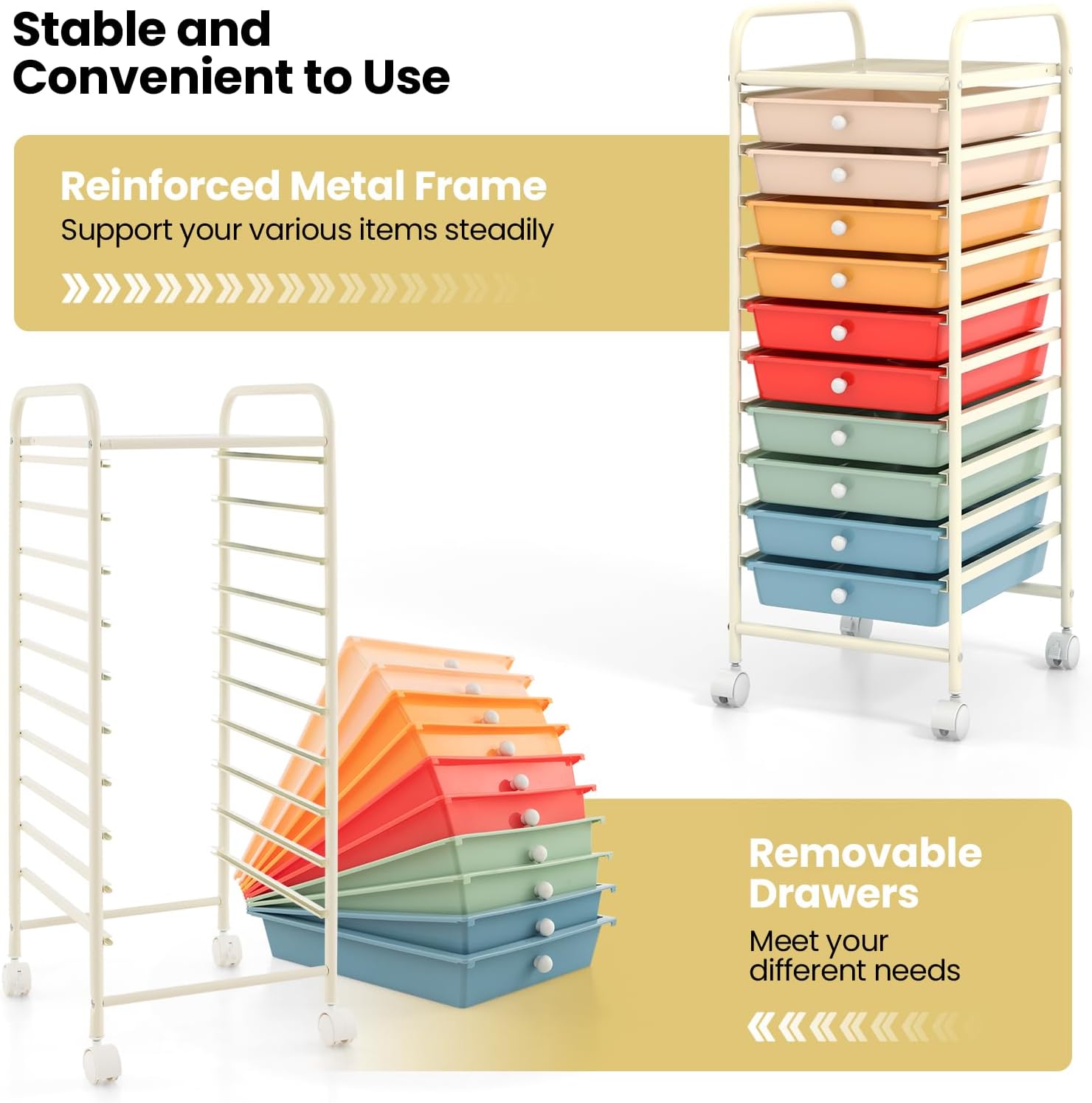 COSTWAY 10-Drawer Rolling Storage Cart, Utility Mobile Trolley with Removable Drawers & Universal Casters & 2 Brakes, Versatile Flexible Drawer Organizer Cart for Home, Office, Macaron - Image 5