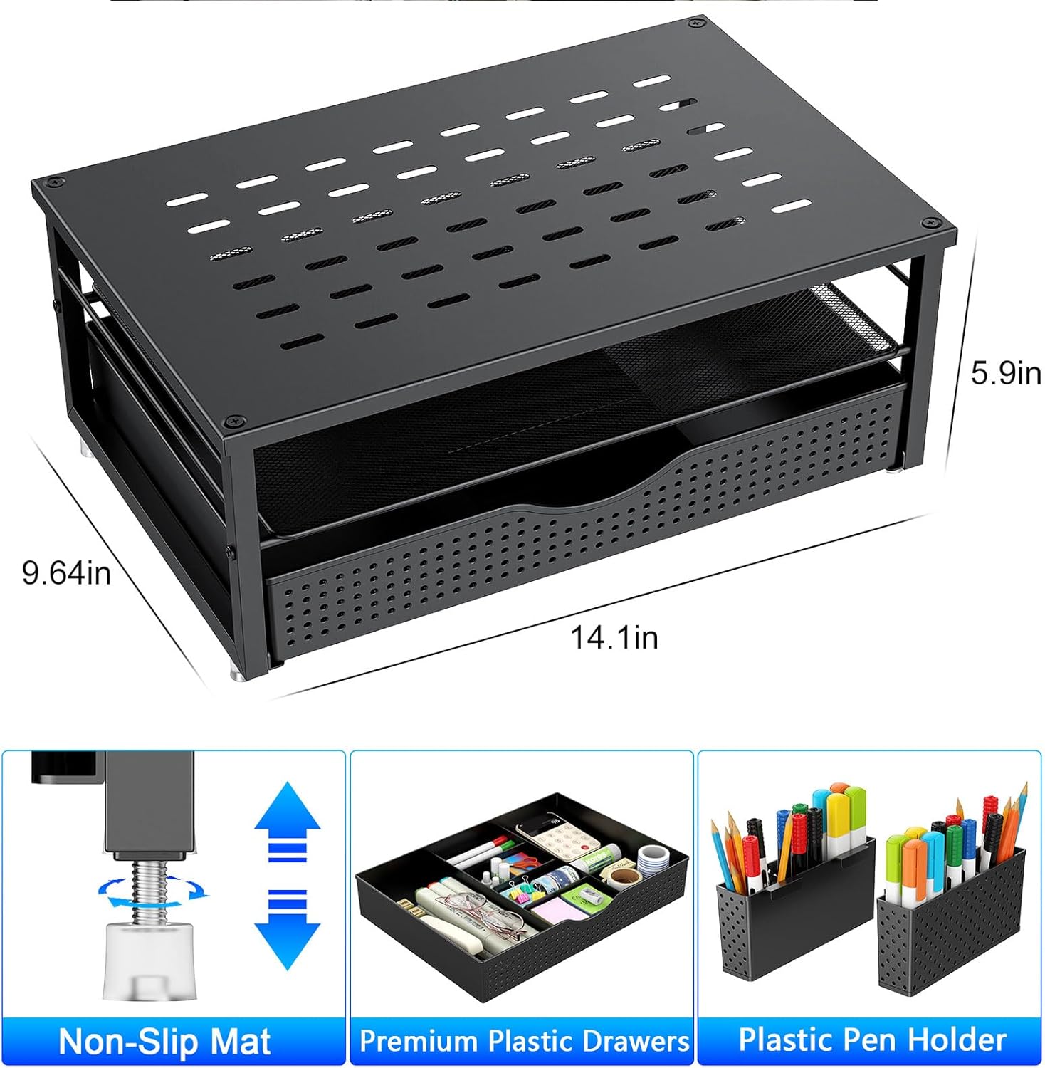 gianotter Desk Organizers and Accessories, Monitor Stand with Drawer and 2 Pen Holder, Desktop Organizer Suitable for Offices and Dormitories (Black) - Image 6