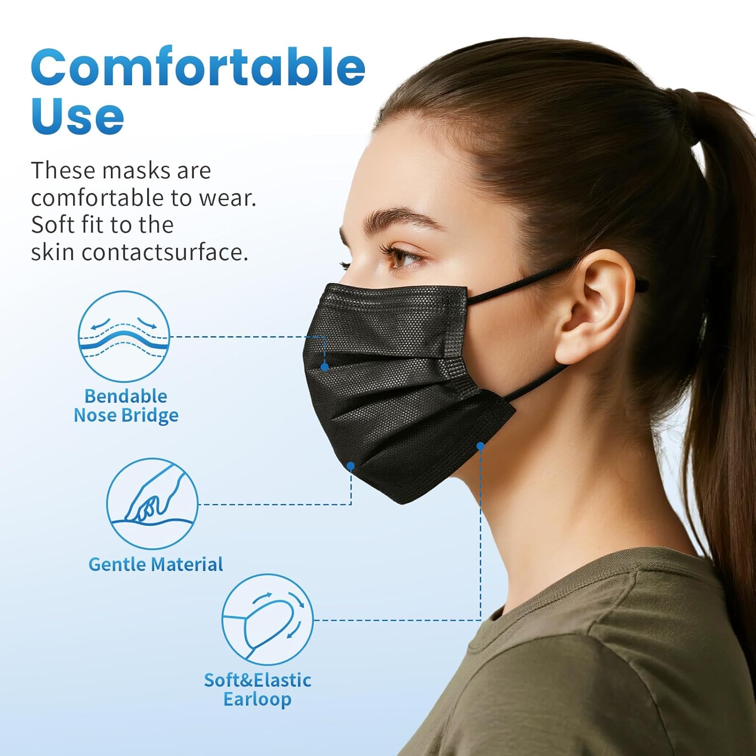 Borje Disposable Face Mask, 100 PCS Black Masks, 3 Ply Protection Face Masks - Image 3