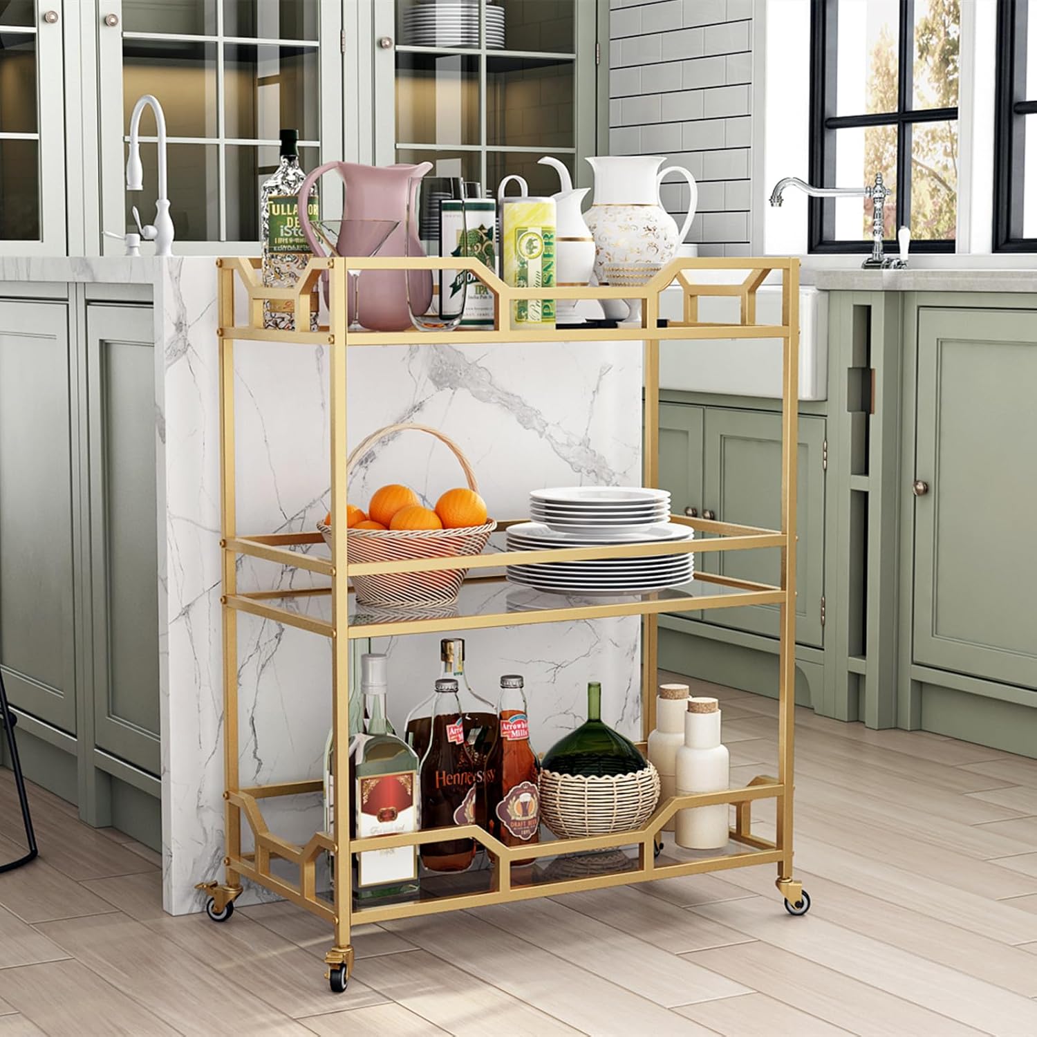 Square Gold Bar Carts with 3 Tier Storage Glass Shelves Holder Home Serving Bar Carts on Wheels for Kitchen, Bar, Dinning Room - Image 5