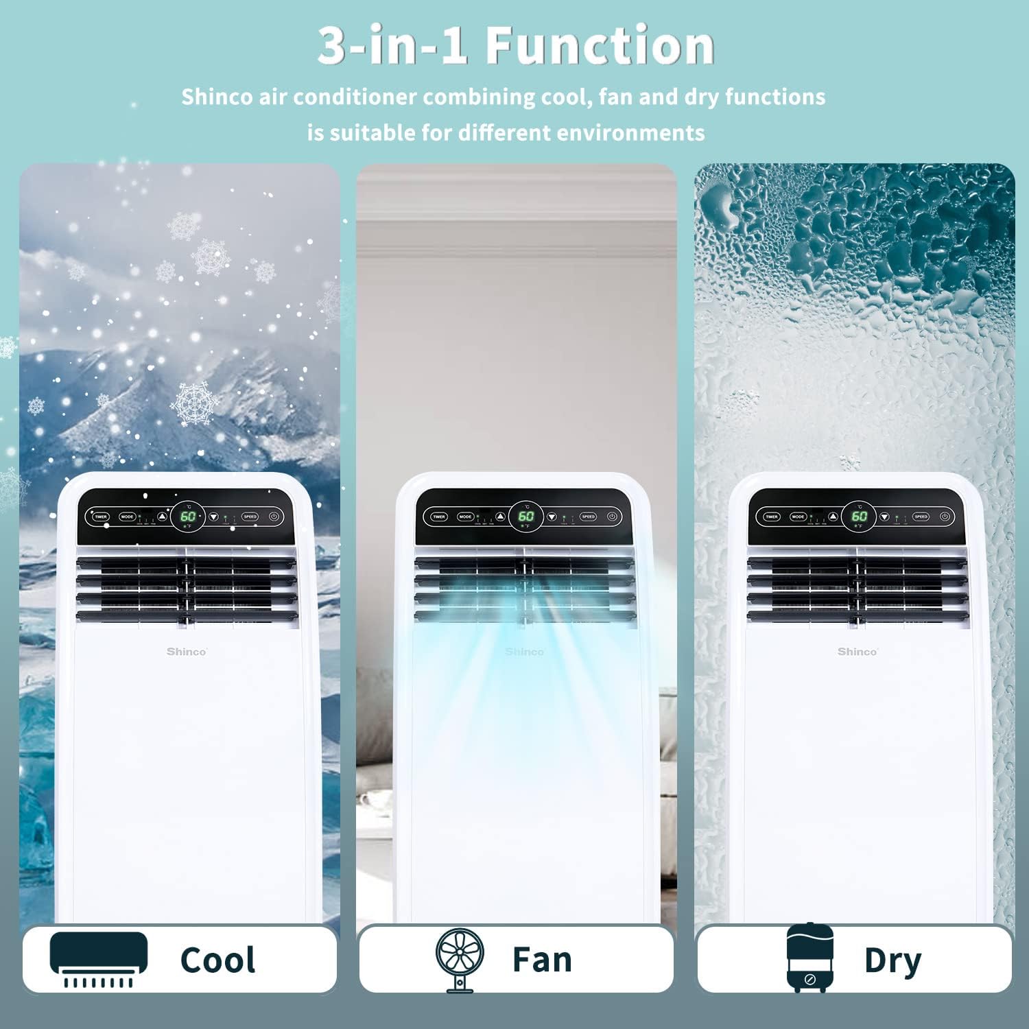Shinco 8,000 BTU Portable Air Conditioner, AC Unit with Built-in Cool, Dehumidifier & Fan Modes for Room up to 350 sq.ft, Conditioner Remote Control, 24 Hour Timer, Installation Kit - Image 3