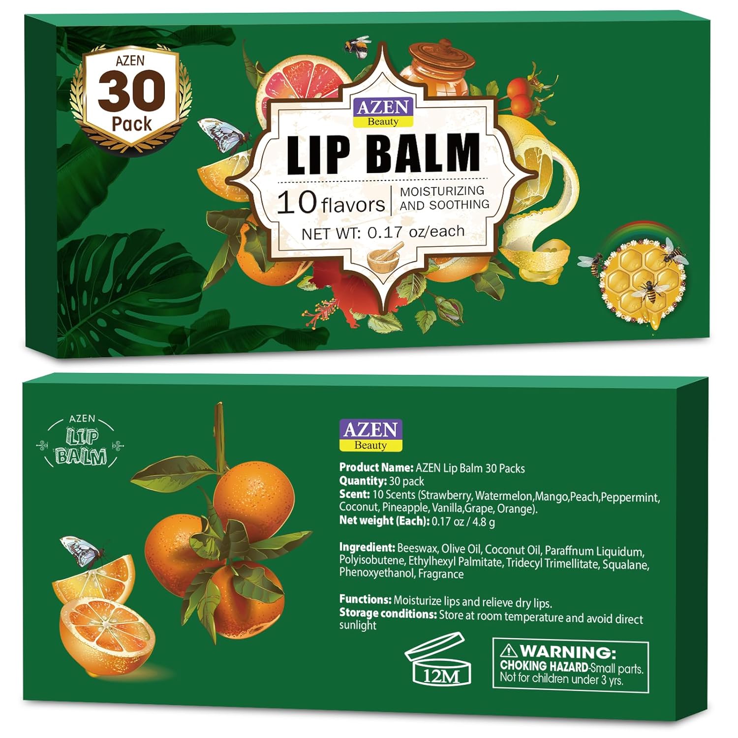 AZEN 30 Pack Lip Balm, Natural Lip Balm Bulk, Lip Care Product, Moisturizing Lip Balms for dry cracked lips, Valentines Gifts Easter Basket Stuffers - 10 Flavors - Image 9