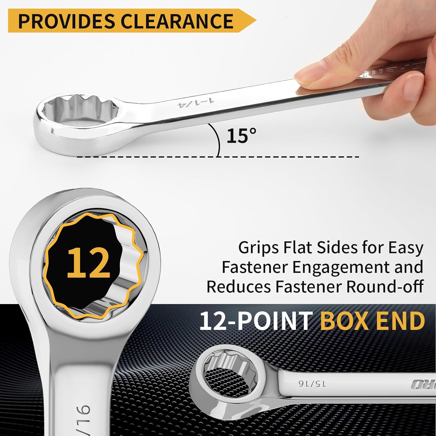 SAE Wrench Set, Large Wrench Set, 7-Piece 15/16", 1", 1-1/16", 1-1/8", 1-3/16", 1-1/4" Long Big Open End Wrench Tools Set Roll Up Pouch Organizer with Gauge, 12 Point Combination Wrenches Sets - Image 3