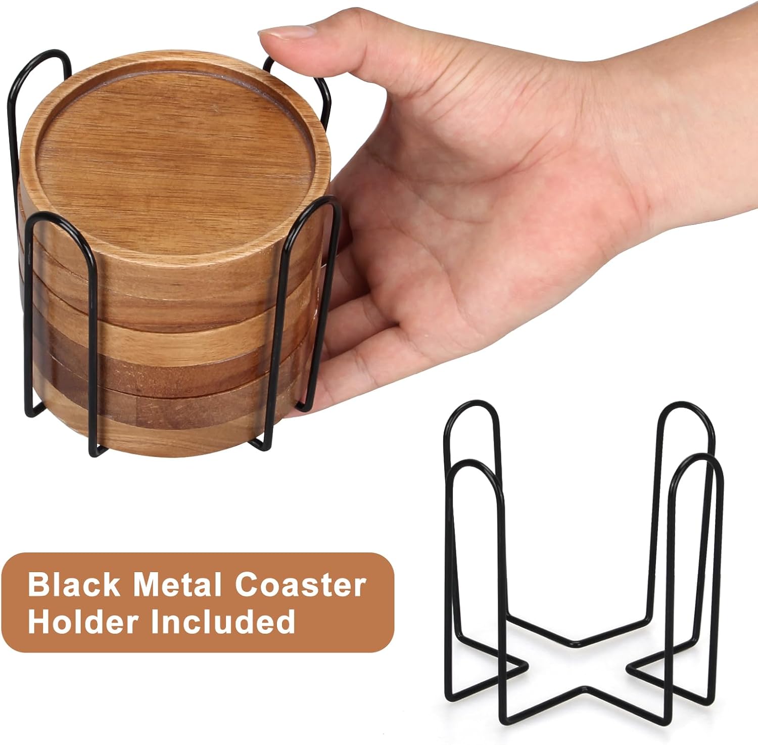 6 Pcs Best Wooden Coasters with Holder Coffee Table Decor Acacia Wood Coaster Set Modern Cup Coaster for Drink Home Dining Table Kitchen Accessories Cute Beer Bar Decorative Rustic Outdoor Coasters - Image 3