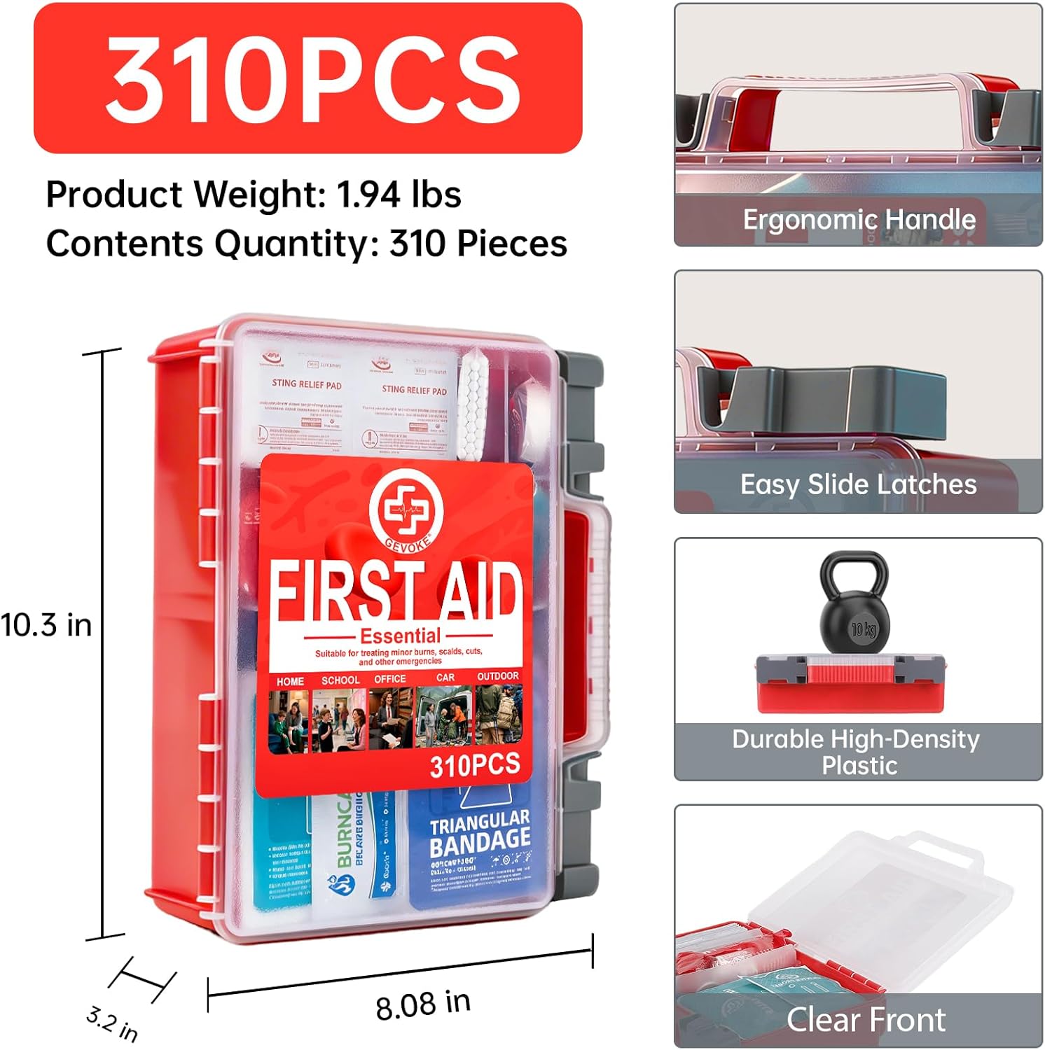 Professional First Aid Kit - 310 Piece HardCase Medical Kit for Home, Car, Camping, Travel, Hiking, Truck, Office, Sports, Vehicle & Outdoor Emergencies - Image 3