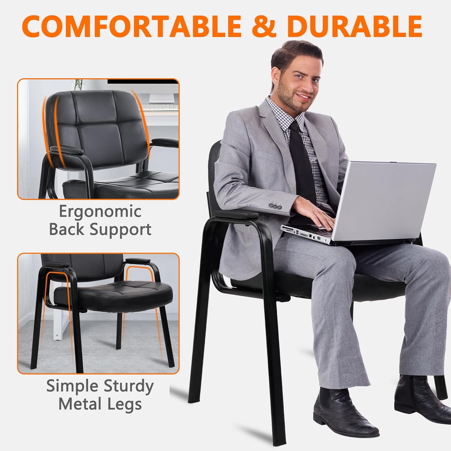 CLATINA Big & Tall 500 lbs Waiting Room Guest Chair, Leather Office Reception Chair No Wheels with Padded Arms for Elderly Home Desk Conference Room Lobby Side Salon Clinic, Black(4 Pack) - Image 7