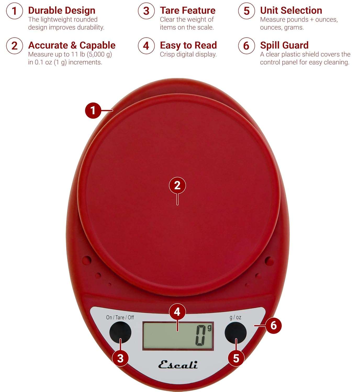 Escali Primo Digital Food Scale Multi-Functional Kitchen Scale and Baking Scale for Precise Weight Measuring and Portion Control, 8.5 x 6 x 1.5 inches, Warm Red - Image 3
