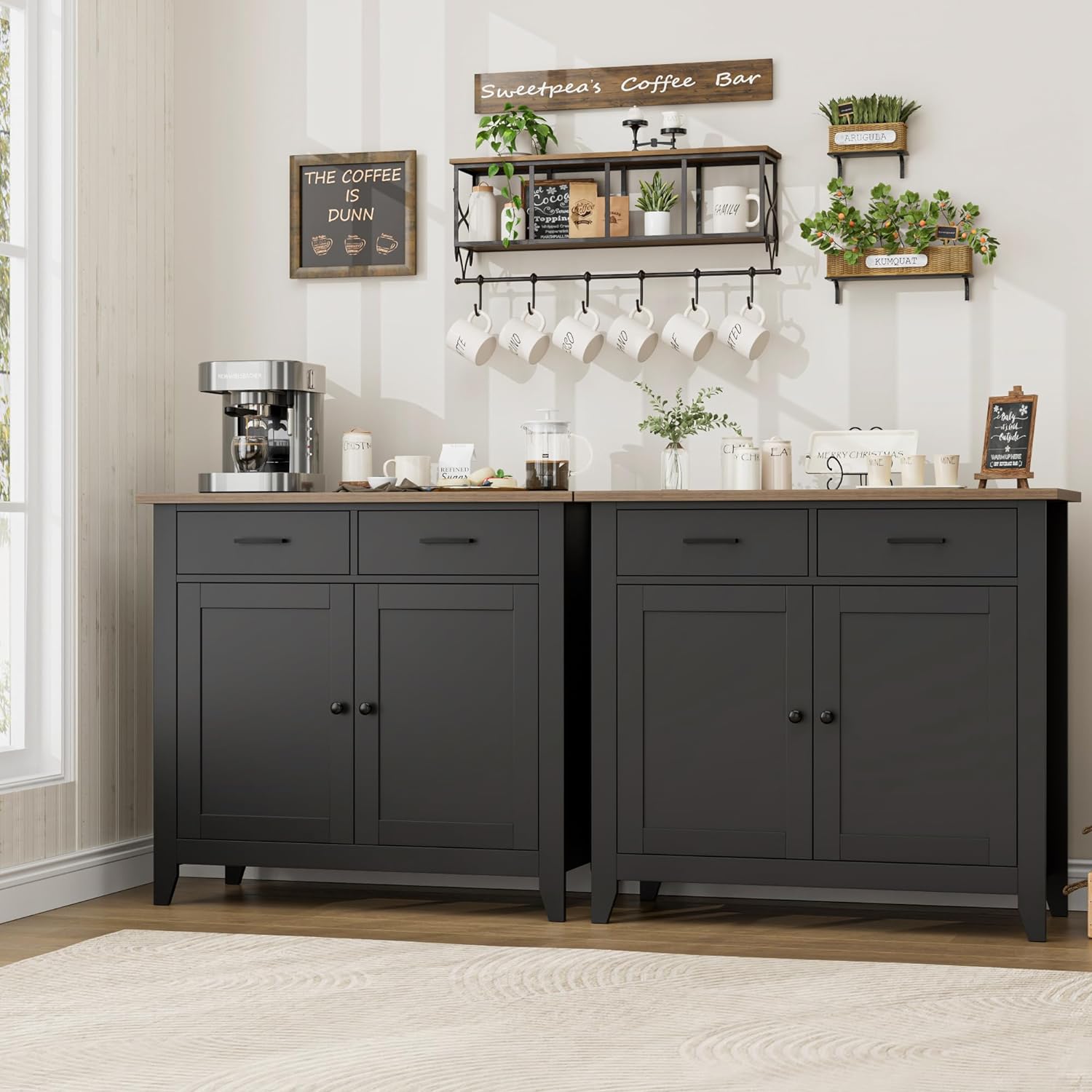 HORSTORS Kitchen Storage Cabinet, Modern Farmhouse Buffet Cabinet with Storage, Coffee Bar with 2 Drawers and 2 Doors, Floor Sideboard Buffet for Living Room, Dining Room, Bathroom, Black/Rustic Brown - Image 5