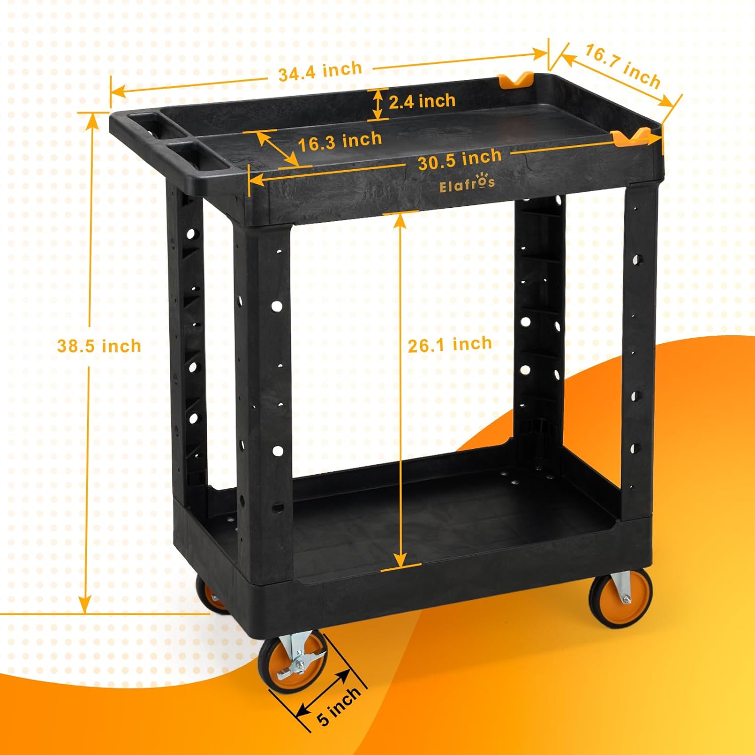 ELAFROS 2-Shelf Heavy Duty Utility Cart – 34.4" L x 16.7" W x 38.5" H Rolling Work Cart with Deep Shelves, 550 lbs Capacity, Industrial Plastic Service Cart for Garage, Warehouse, Shop - Image 2