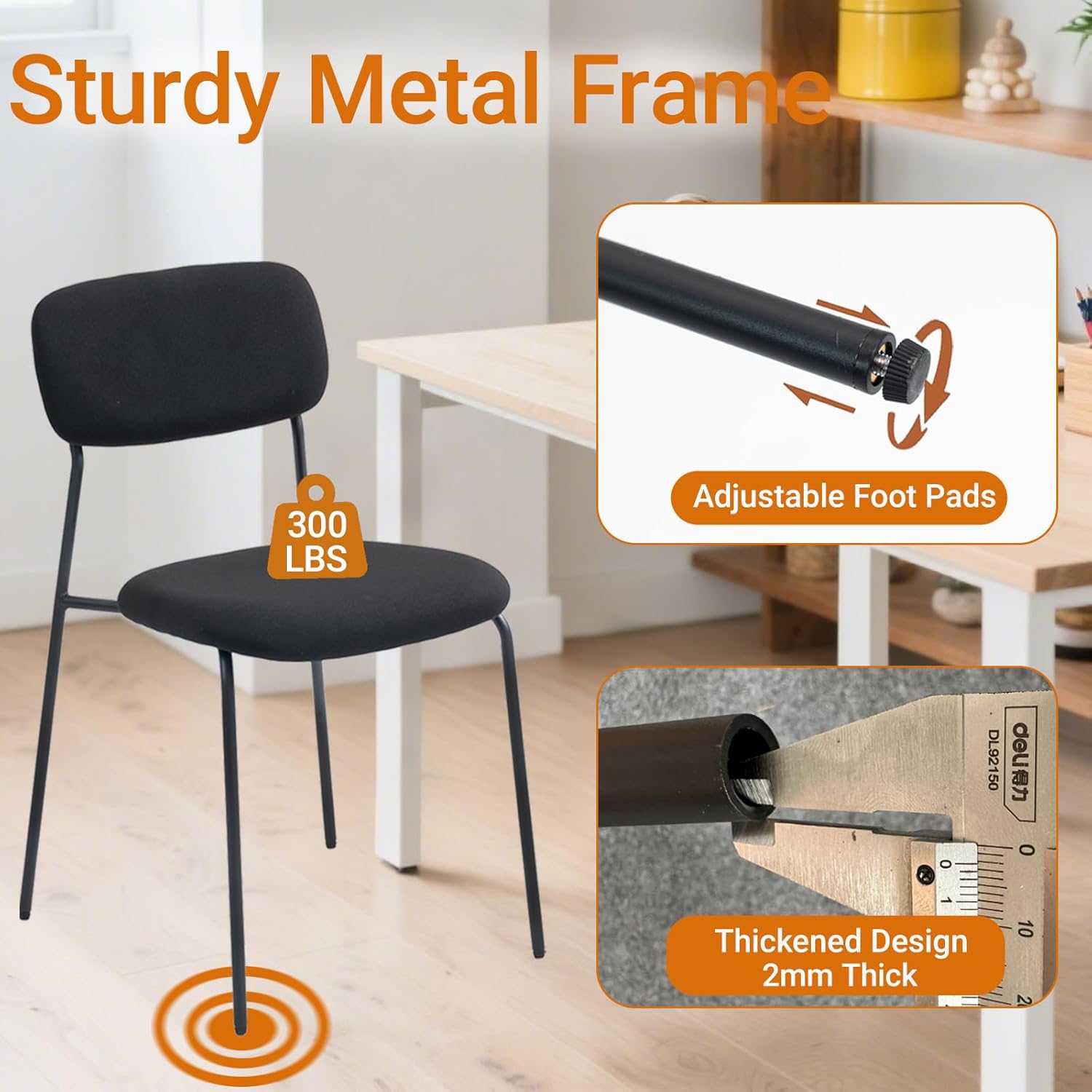 Sidanli Stackable Waiting Room Chairs, Armless Upholstered Guest Chairs Set of 4 with Comfotable Cushion for Conference Reception Break Room Lobby, Black - Image 5