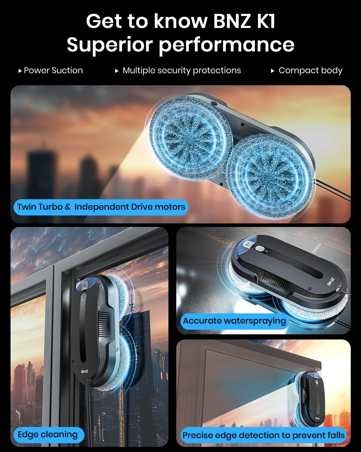BNZ Smart Window Cleaning Robot, Twin Turbo & Dual Auto-Spray Window Cleaner with Multiple Safety System, AI Path Planning, Frameless Edge Detection, K1 (Matt Black) - Image 4