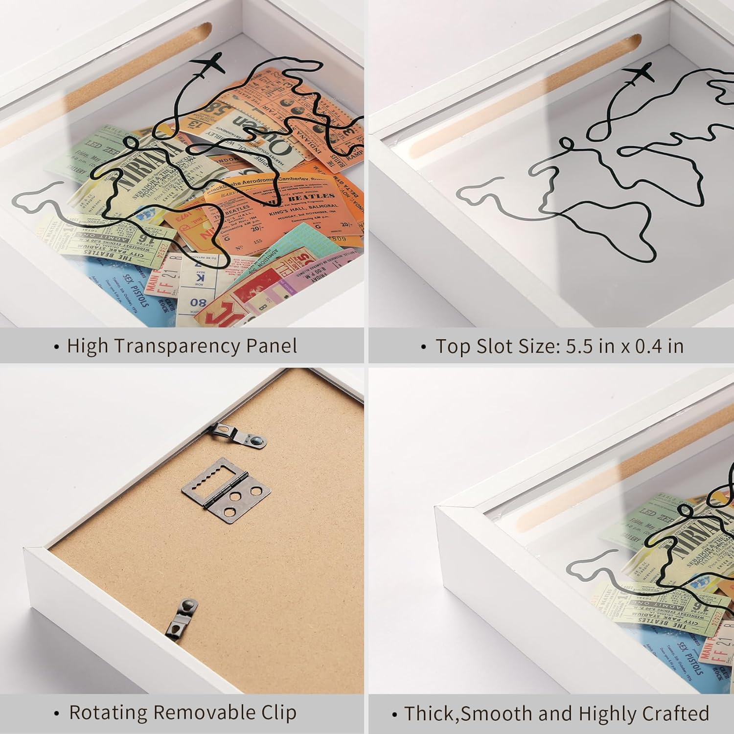 Travel Adventure Archive Shadow Box For Memories,8&12Inch Concert Travel Ticket Stub Memory Top Loading Shadow Keepsake Box With Slot On Top,life In a Shadow Box Travel Frame (White, 8x8) - Image 5