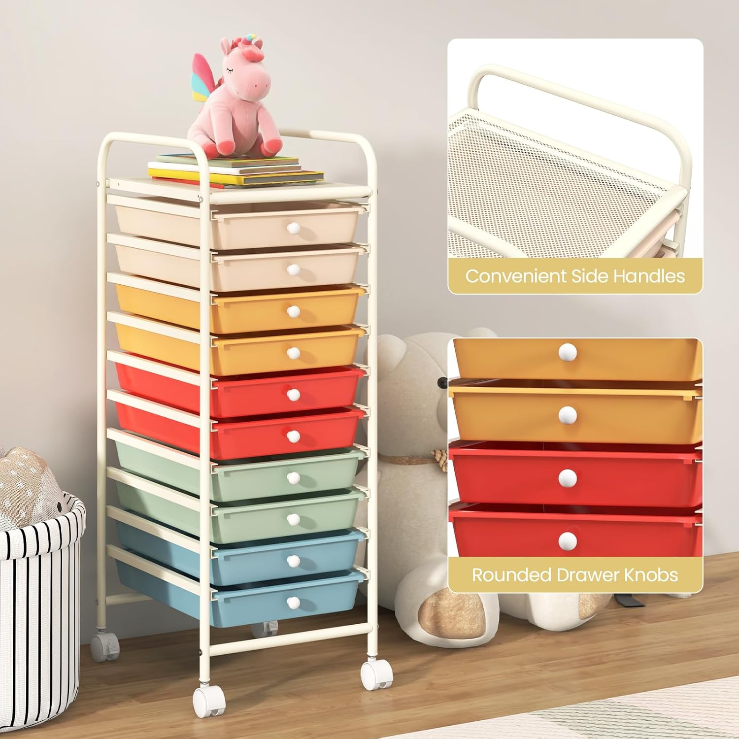 COSTWAY 10-Drawer Rolling Storage Cart, Utility Mobile Trolley with Removable Drawers & Universal Casters & 2 Brakes, Versatile Flexible Drawer Organizer Cart for Home, Office, Macaron - Image 6