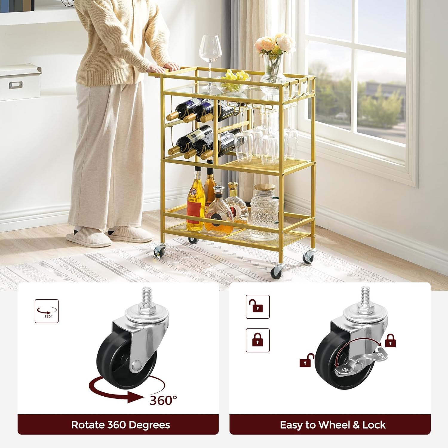 Bar Cart for Home, 3-Tier Serving Cart with Wheels and Handle, Beverage Cart with Wine Rack and Glass Holders, Rolling Wine Cart for Kitchen, Dining Room, Gold RCJ61B01 - Image 7