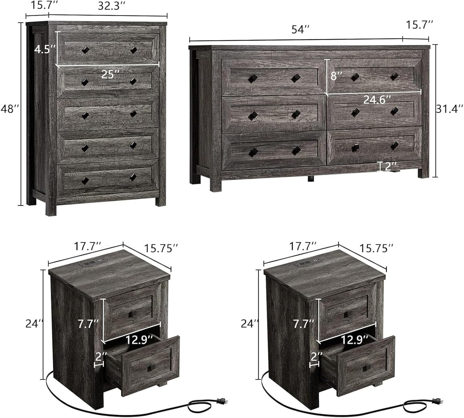 5-Piece Farmhouse Bedroom Set, 1 X Queen Size Bed Frame, 1 X 5 Drawer Dresser, 1 X Wood Rustic 6 Drawer Storage Dresser, Nightstand Set of 2 with Charging Station, Bedroom Furniture Set, Grey - Image 3