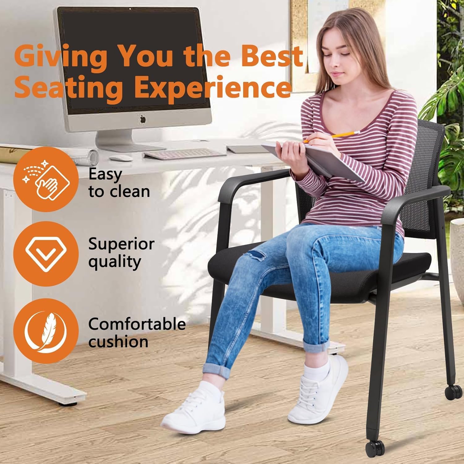 CLATINA Mesh Back Guest Reception Arm Chairs with Wheels, Waiting Room Chairs with Upholstered Fabric Seat and Ergonomic Lumbar Support for Office, 8PK - Image 5