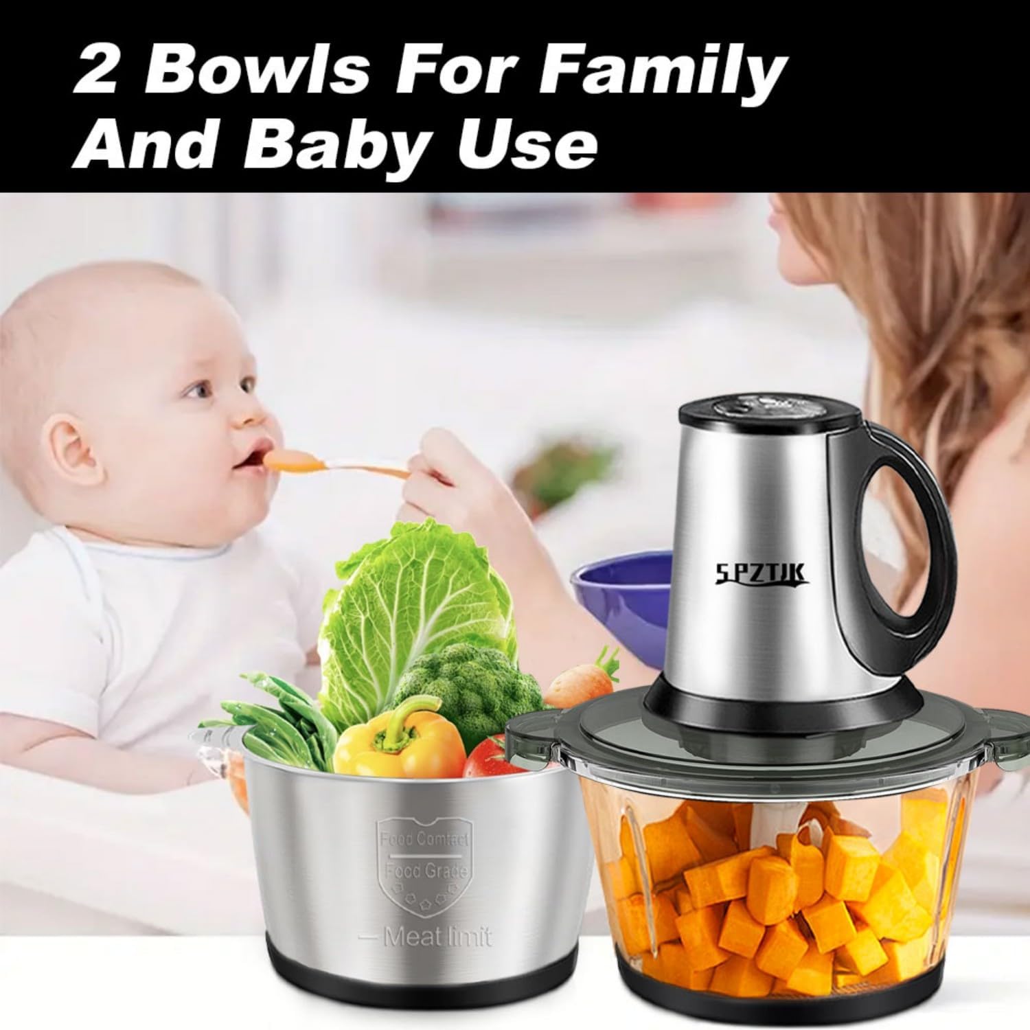 3-Speed Electric Food Processor: Meat Grinder, Vegetable Chopper & Baby Food Maker - 300W, 2 Bowls (8 Cup Stainless Steel+8 Cup Glass), Quiet Operation - Image 6