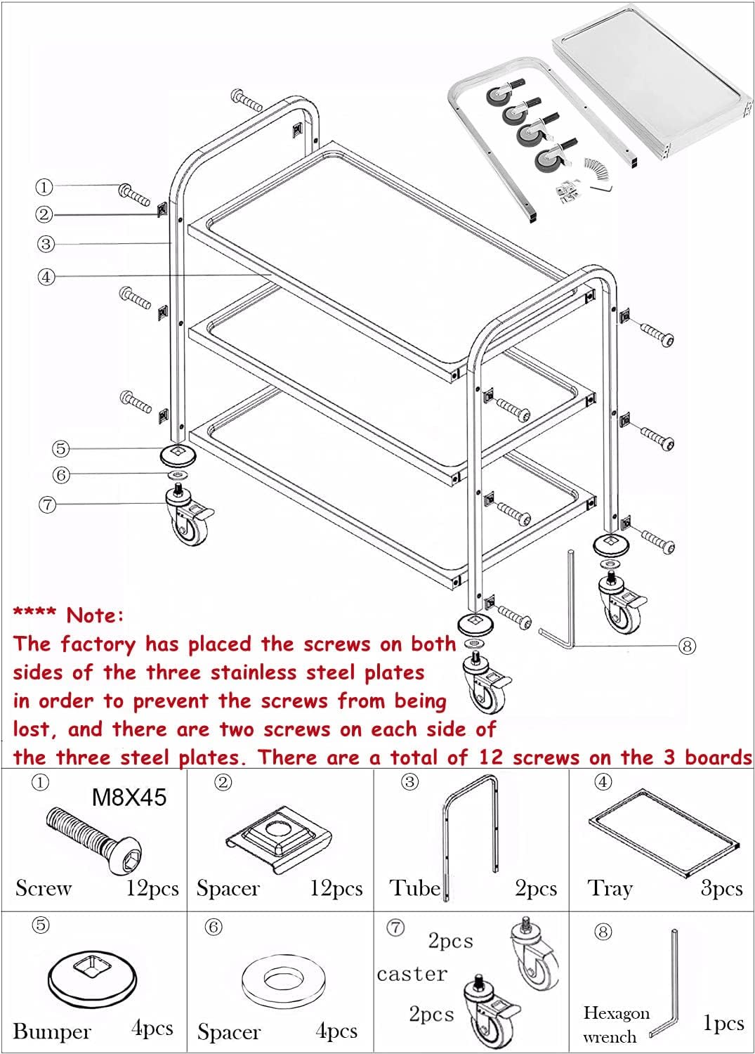 MYOYAY 37.4x19.7x37.4 Inch Stainless Steel Cart Large 3 Tier Kitchen Utility Rolling Cart Service Catering Storage Cart with Locking Wheels Kitchen Cart or Kitchen Hotel Restaurant Cafe Home - Image 7