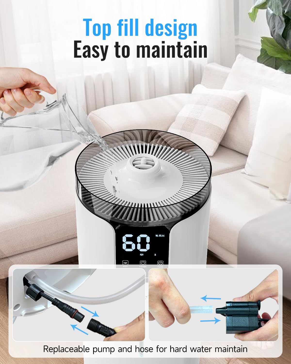 Humidifier large room 16L/4.2Gal - Lacidoll Whole house Humidifier for Home1500 sq.ft. Ultrasonic Cool Mist Humidifiers for Bedroom with Extension Tube & Aroma Box & Night light, White - Image 6