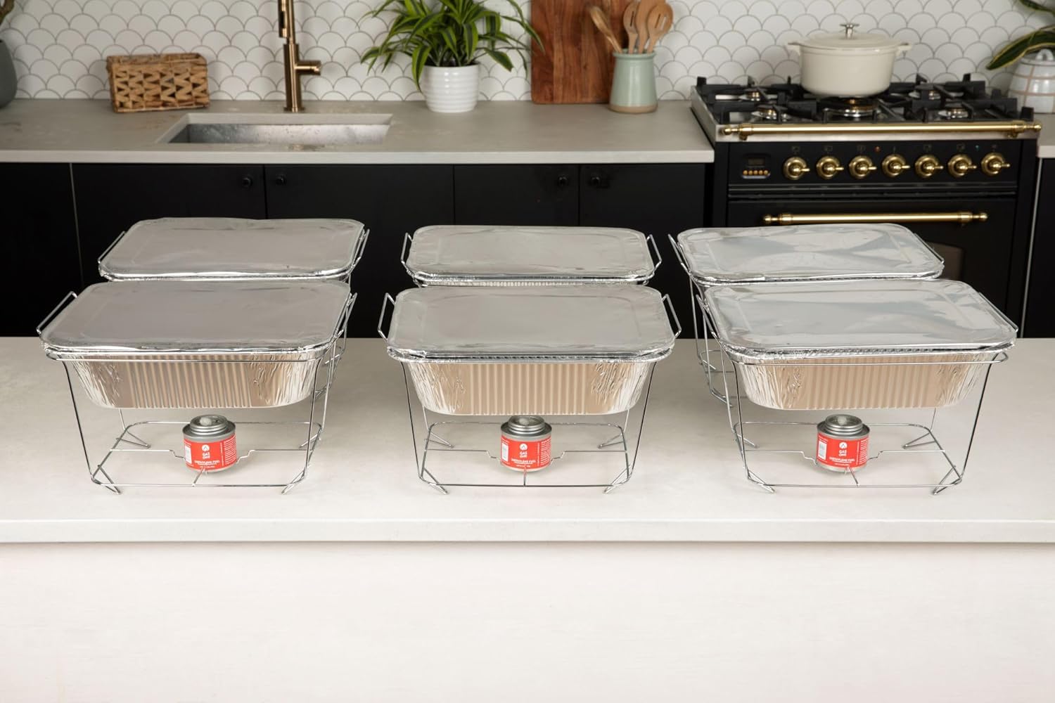 Alpha Living 6 Pack - Disposable Chafing Dish Buffet Set, Half Size Pans, Welded Body Food Warmers for Parties, Fuel Cans Complete Set, Warming Trays - Image 8