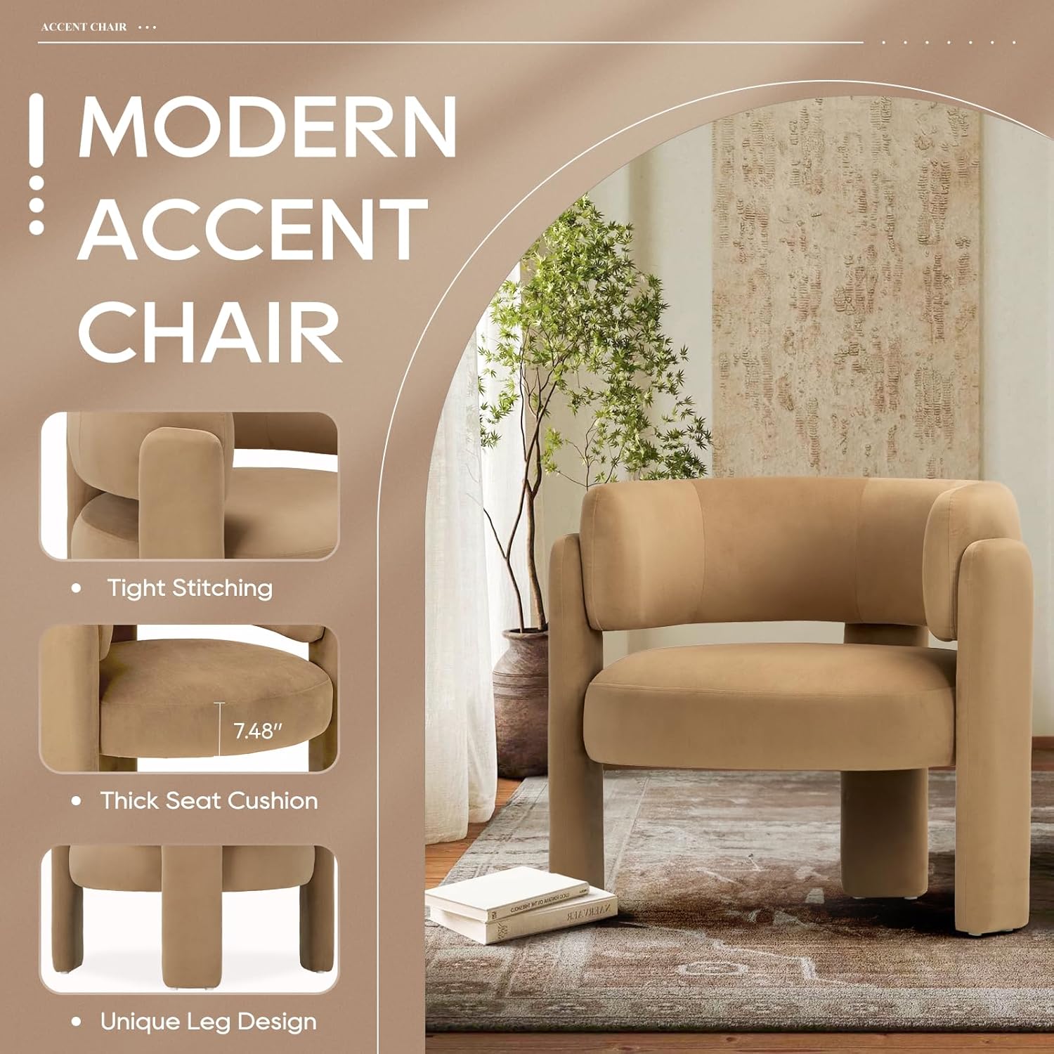 COLAMY Modern Velvet Accent Chairs Set of 2, Upholstered Barrel Chairs, Comfy Side Arm Chairs with 3 Legs for Living Room, Bedroom, Reading, Khaki - Image 4