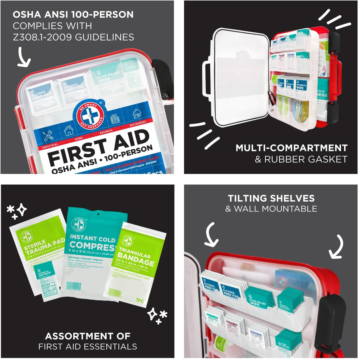 Be Smart Get Prepared First Aid Kit Hard Red Case 326 Pieces Exceeds OSHA and ANSI Guidelines 100 People - Office, Home, Car, School, Emergency, Survival, Camping, Hunting and Sports (20HBC01015REV3) - Image 5