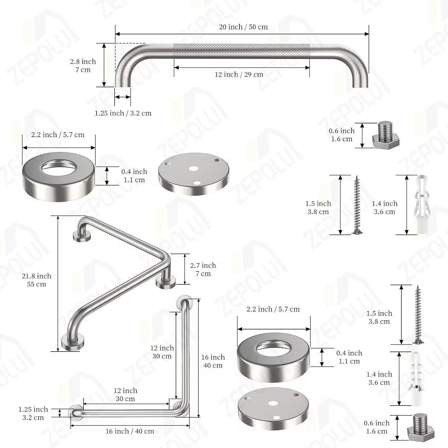 Brushed Nickel Angled Grab Bar 16 Inch, Zepolu Stainless Steel L-Shaped Safety Grab Rail, Bathroom Mobility Aid Handrail, Wall Mounted Balance Support Assist Shower Handle for Senior Elderly Handicap - Image 2