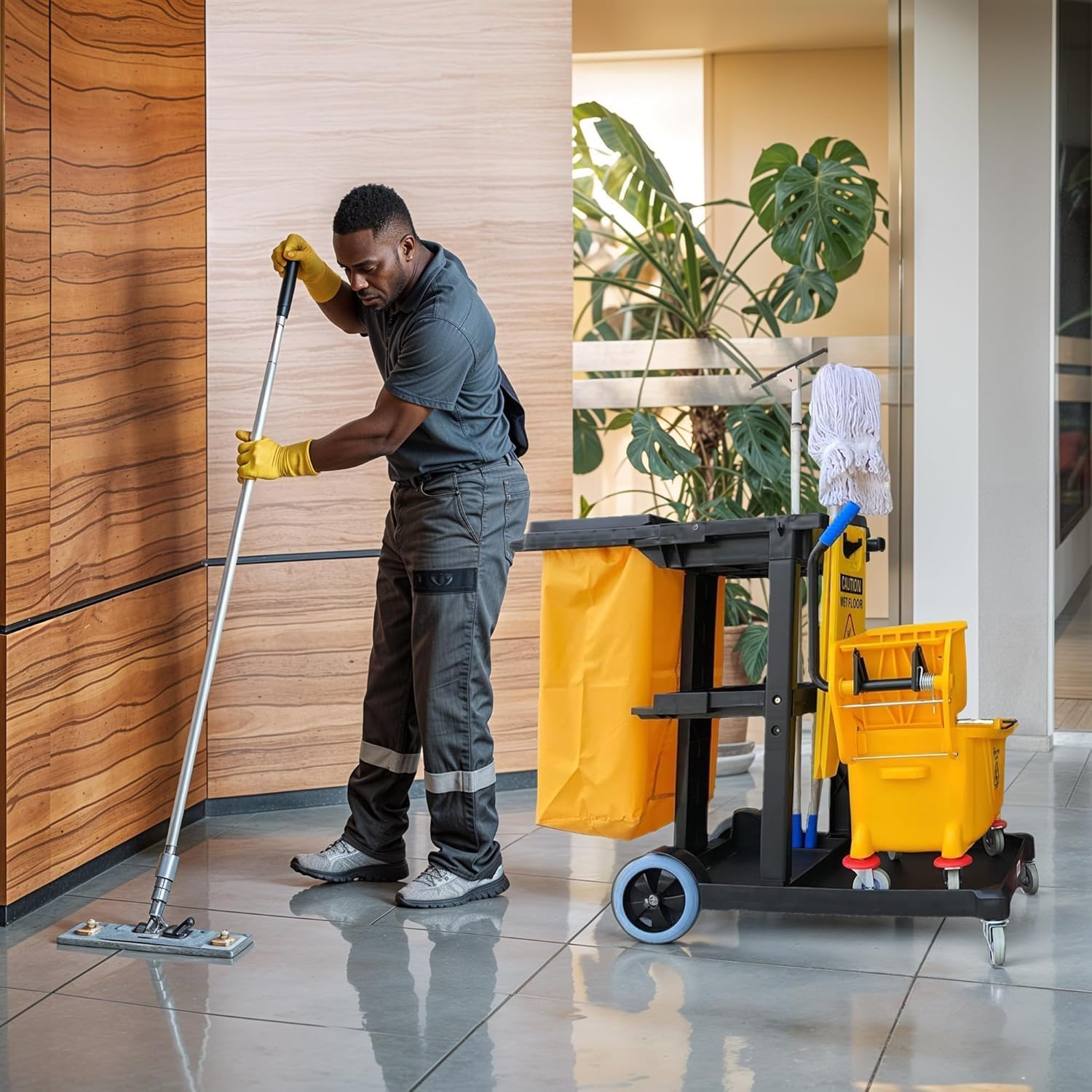 Simpli-Magic Commercial Cleaning Cart with Waste Bag & Lid, Janitorial Utility Cart with 3 Shelves, Mop & Broom Holders, 330 lb Capacity, Yellow/Grey - Image 6