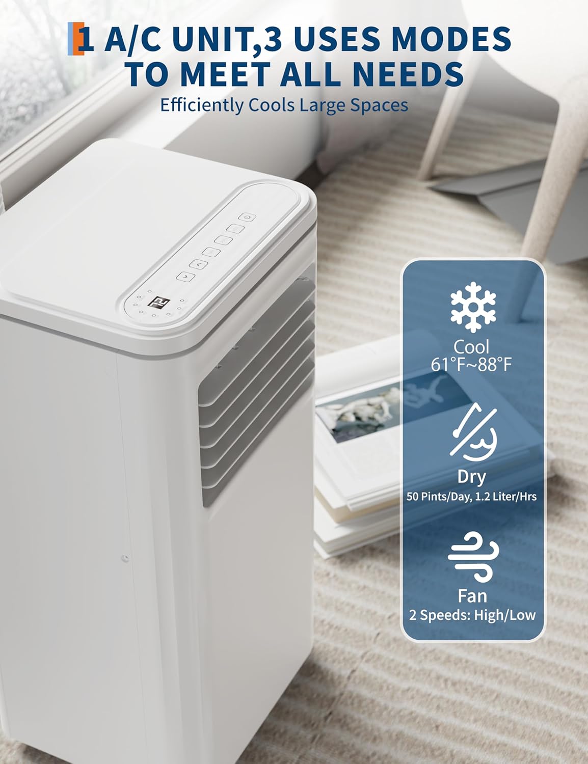 8,000 BTU Portable Air Conditioners, Quiet Portable Cooling AC Unit Up to 350 Sq.Ft. with Dehumidifier, 24H Timer, Sleep Modes, 3 in-1 AC Unit with Remote Control, for Bedroom, Room, Office,Apartment - Image 3