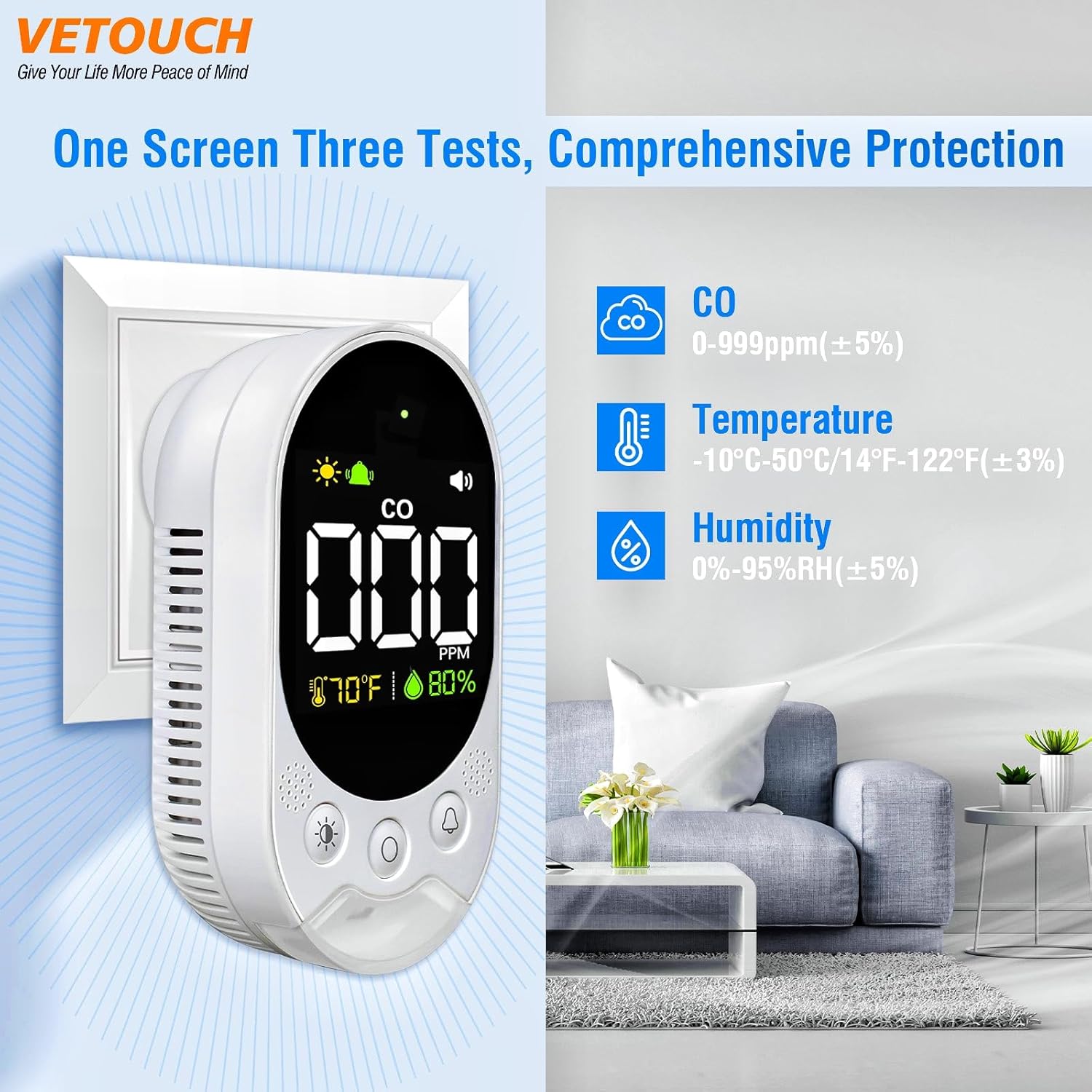 Portable Carbon Monoxide Detector Plug,Upgraded Version Configure Emergency Lighting CO Remind,Accurate Detection of CO Concentration Graded Warning, While Monitoring Temperature Humidity - Image 3